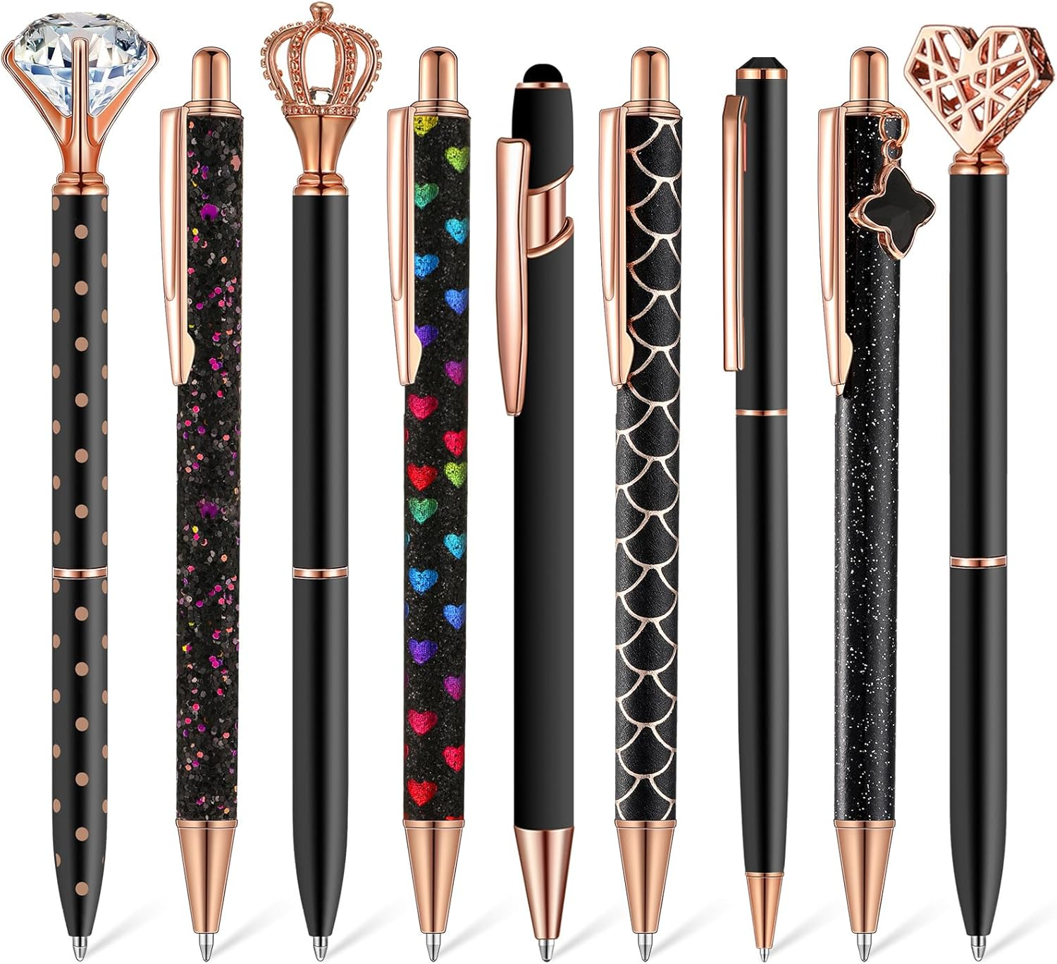 Janmini 9 Pcs Ballpoint Pens Set Metal Crystal Diamond Pen Liquid Sand Glitter for Journaling Black Ink Pretty Cute Fancy Gifts Women Girls School Wedding Office Desk Supplies (Black)