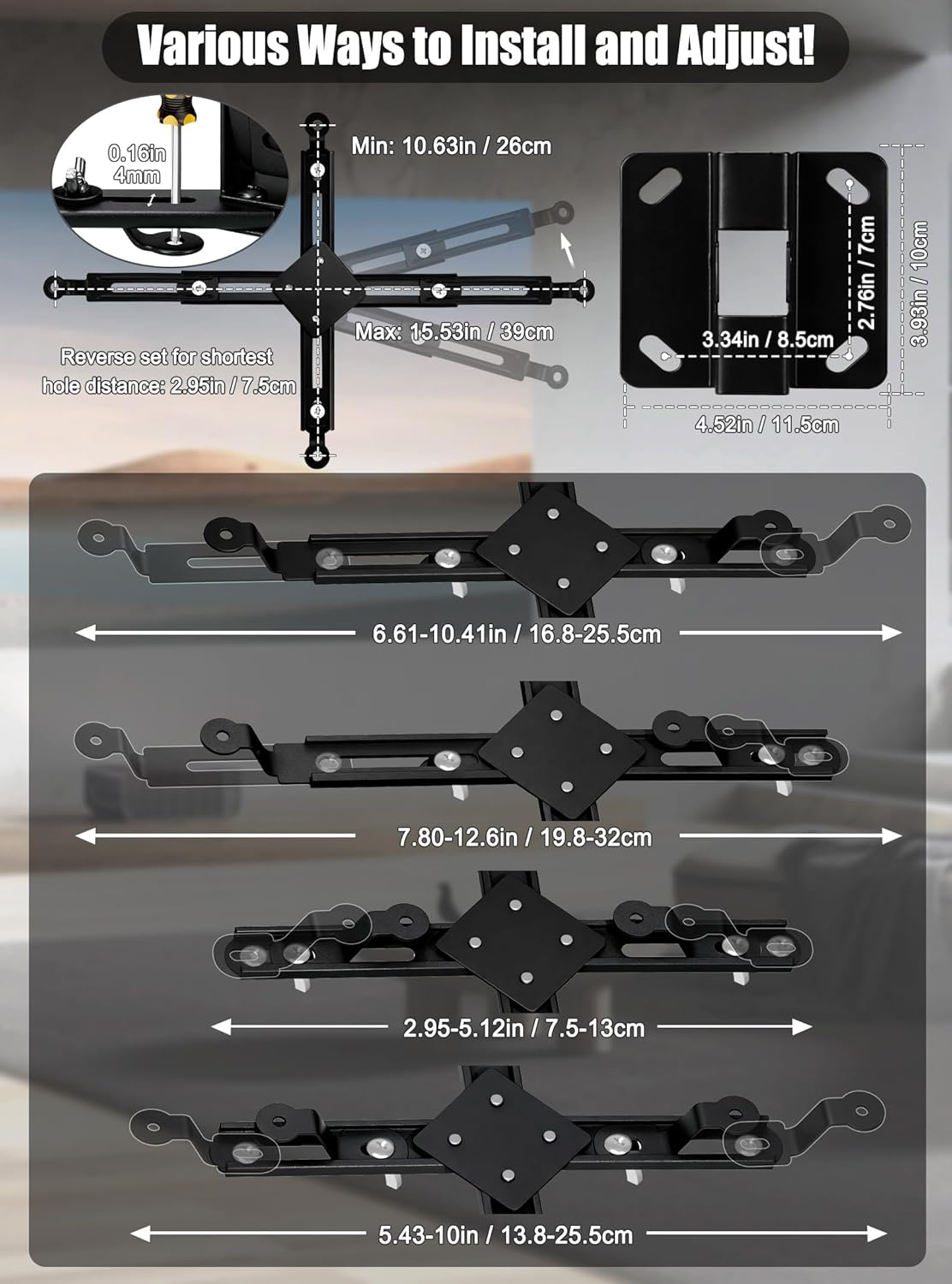 2-Be-Best Projector Ceiling Mount Wide Pipe Universal 3-In-1 Projector Wall Mount Bracket with Adjustable Arm, Flush Mount Option, Built-In Cable Management for Office Home Black image number 1
