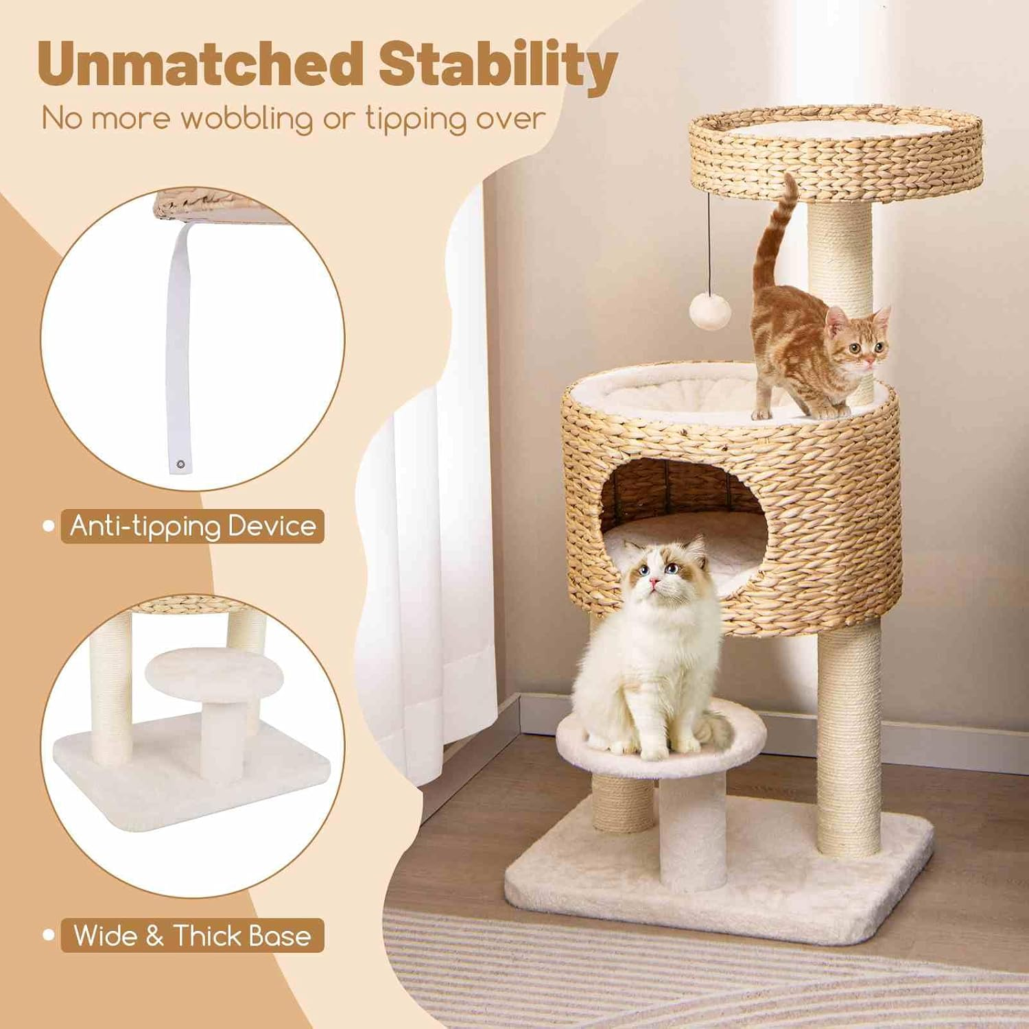 Costway Cat Tree for Indoor Cats, Modern Cat Tower W/Top Perch, Cattail Fluff Condo, Sisal Scratching Posts, Hanging Toy, Bed, Removable Cushion, Anti-Tipping Device, Kitty Activity Center, Natural image number 5