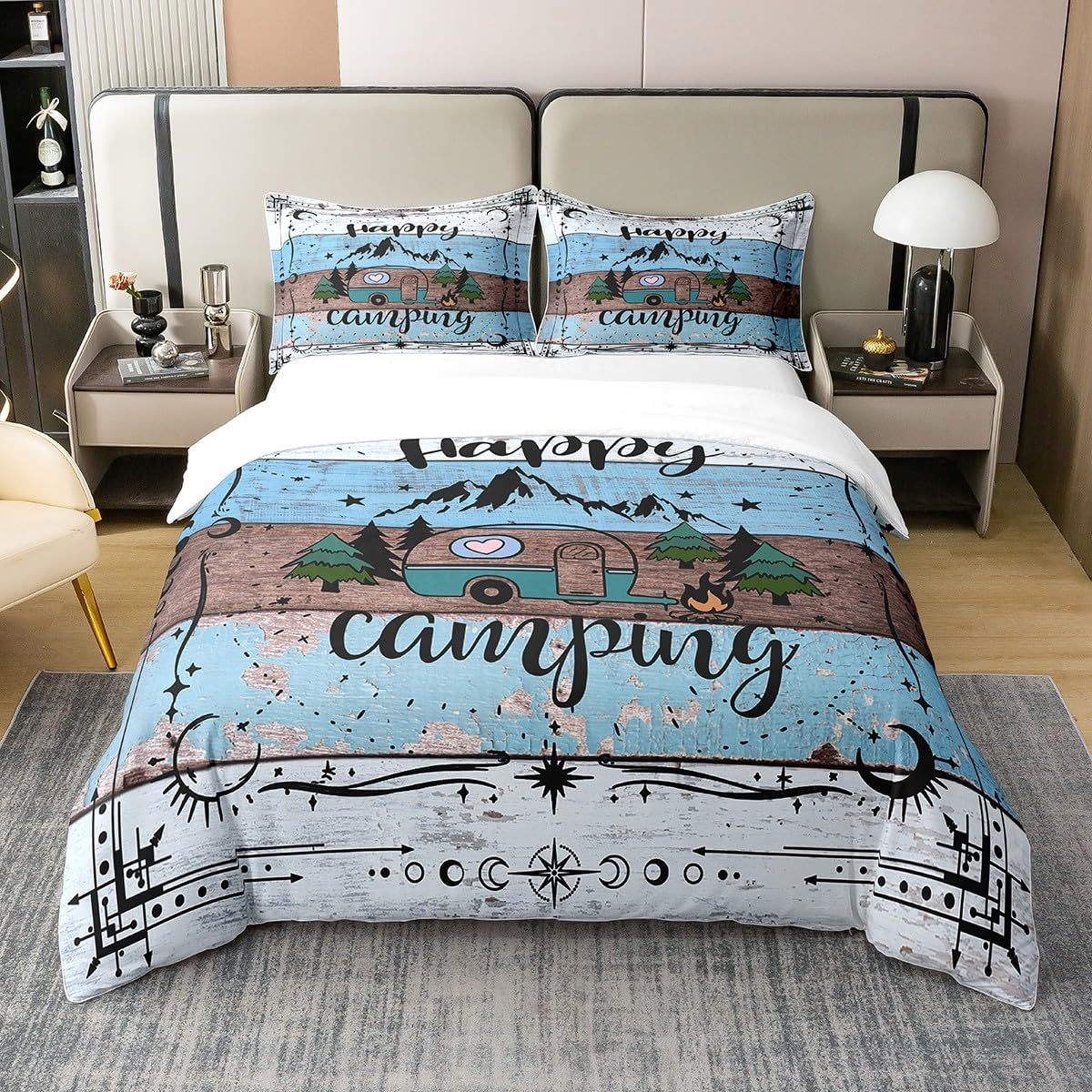 100% Natural Cotton Happy Camping 155 X 220 Cm Comfort Cover, Camper Bed Linen Set, Travel Watercolour Wooden Duvet Cover, Bohemian Style Duvet Cover with Zip Closure, Colourful Bedroom Decor