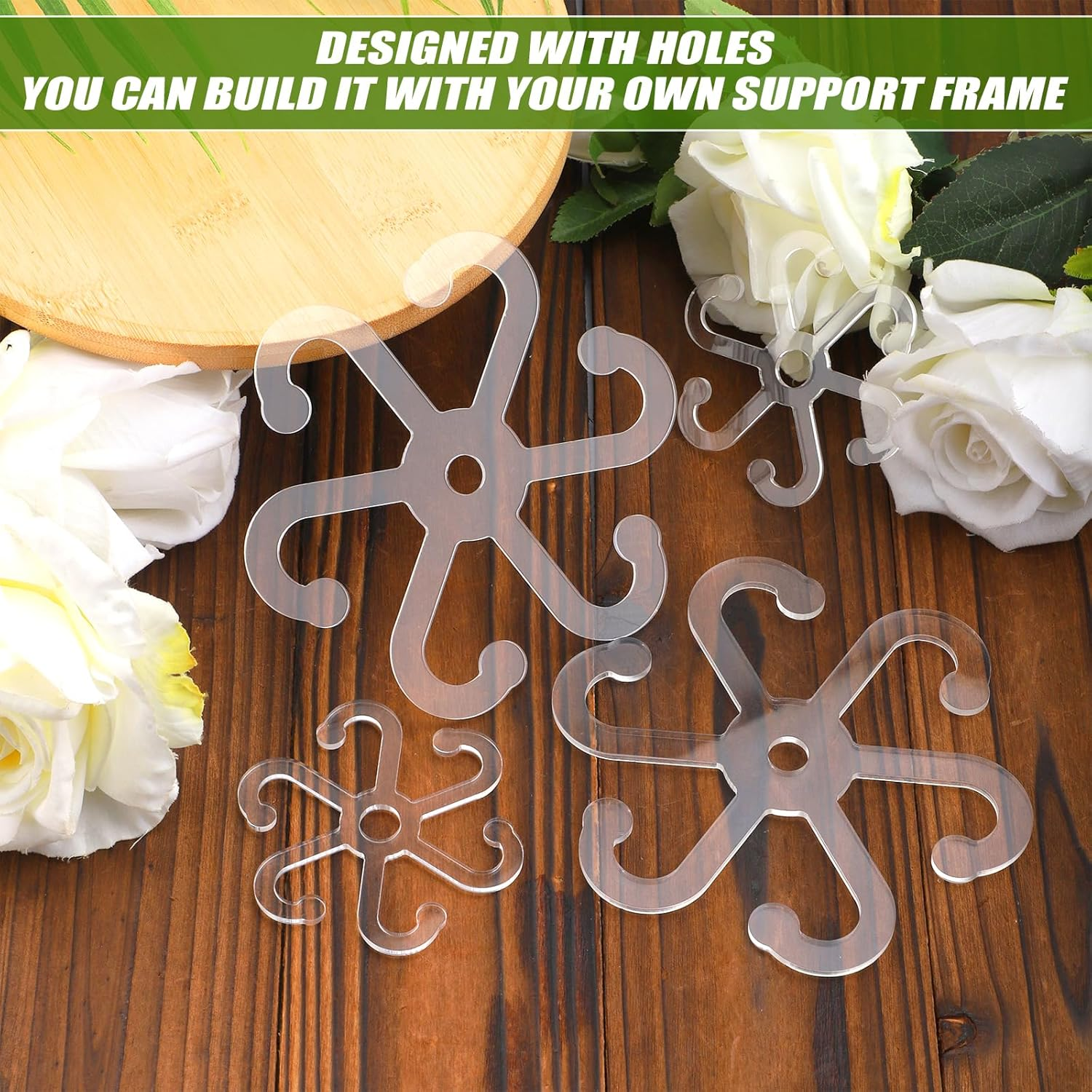 4Pcs Climbing Plant Stem Supports with Holes, 2 Sizes Flower Plant Stem Hooks Trellis Plant Stem Support Hooks Climbing Rack for Vertical Growth (Transparent)