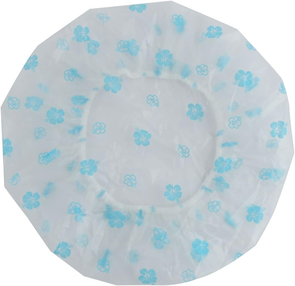 Ruilogod Nylon Flower Print Foldable Shower Cap Hat for Woman Lady Blue image number 2