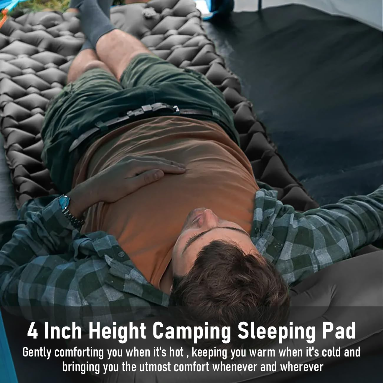 Alpen Outdoor Portable Sleeping Pad, Built-In Pump, Mattress Inflatable Foot Press Ultralight Mat with Pillow for Backpacking, Hiking, Traveling (Grey) - Green image number 2