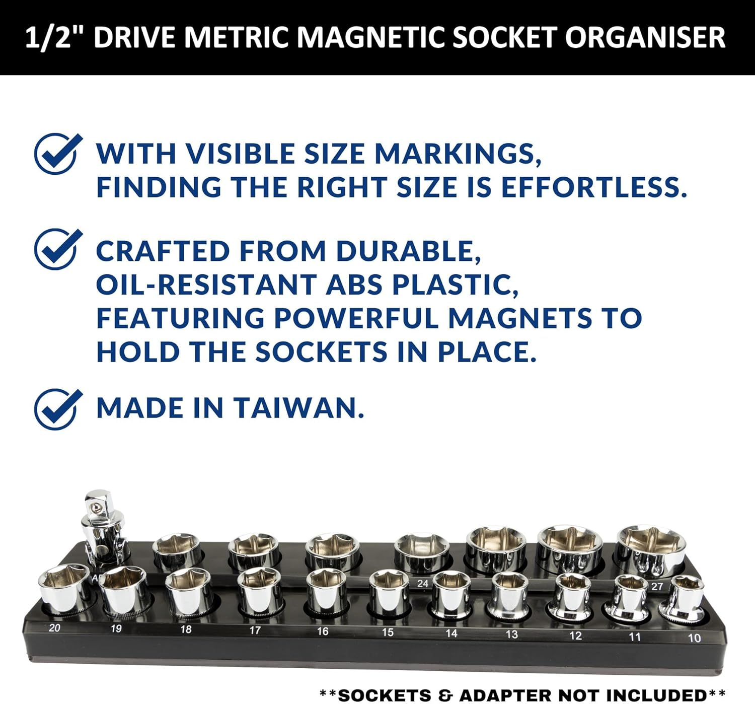 Magnetic 1/2&rdquo; Socket Organiser, Shallow Socket & Adapter Holder Kit, Socket Trays, Holds 19Pcs Sockets & Adapter (Sockets Not Included), Best Tool Storage Solution (Blue, 1/2"-19 Slots) image number 5