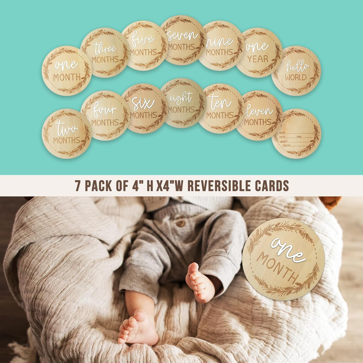 7 Pack Monthly Baby Milestone Discs &ndash; Double-Sided 3D Wooden &ldquo;Hello World&rdquo; Sign, 4" Signs for 1-12 Monthly Milestones & Announcement Props, Newborn Photography Keepsake Gift for Boys & Girls (White) image number 5