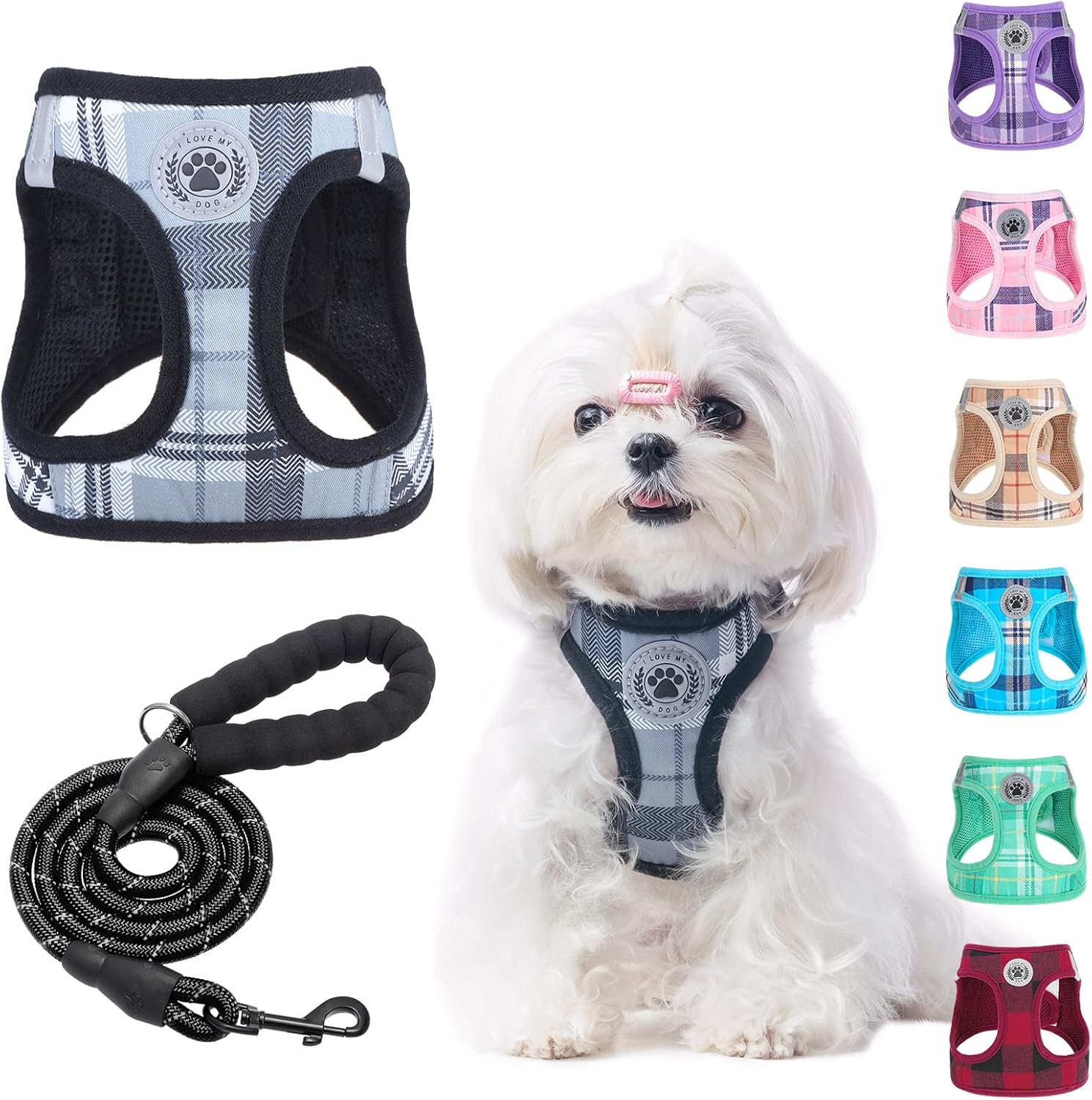 BEAUTYZOO Small Dog Harness and Leash Set,Step in No Choke No Pull Soft Mesh Dog Harnesses Reflective for Extra-Small Medium Puppy Dogs and Cats, Plaid Dog Vest Harness for XS S Pets, Grey XS image number 4