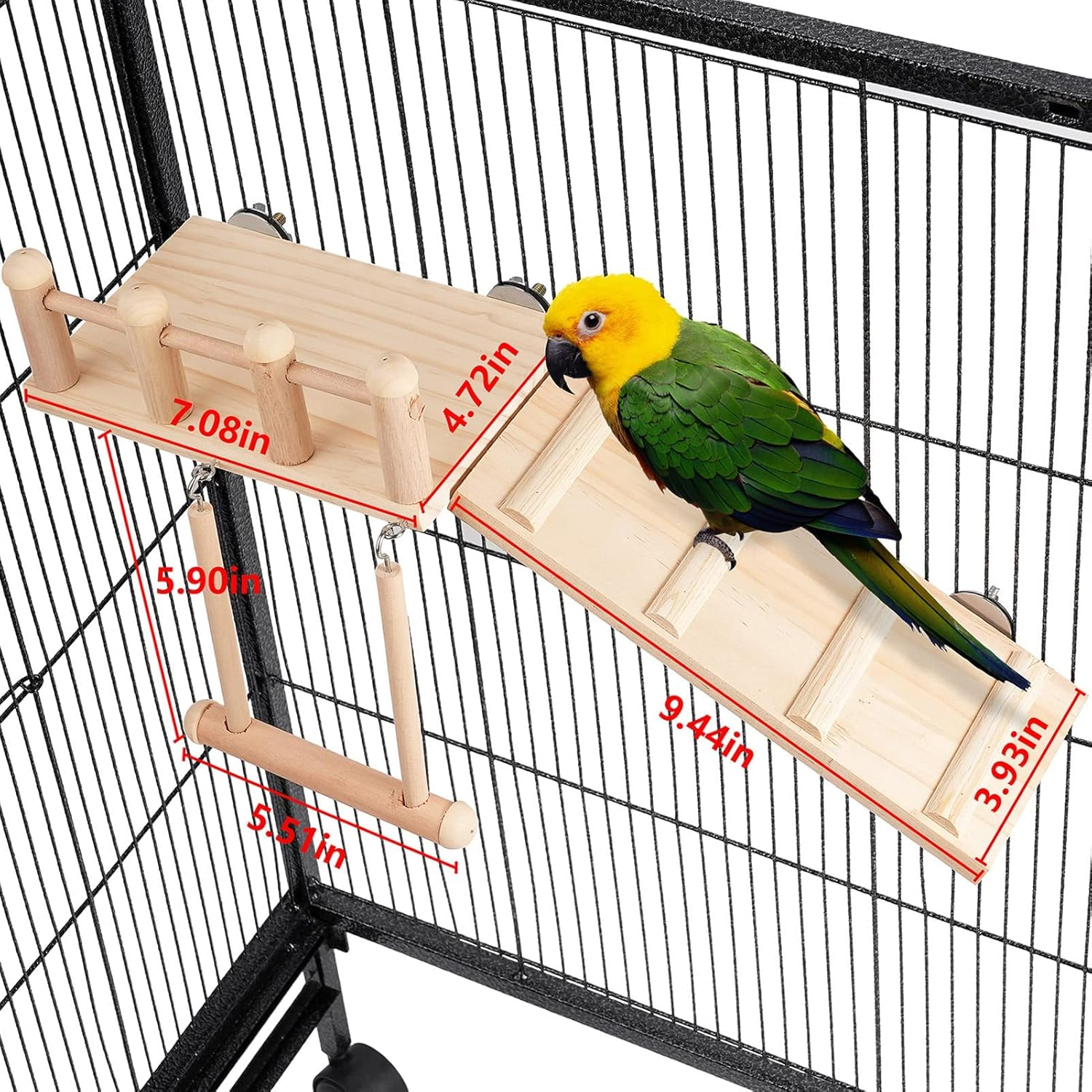 Bird Perches Platform Swing with Climbing Ladder, Parakeet Cage Accessories Wooden Playing Gyms Exercise Sturdy for Small Birds image number 6