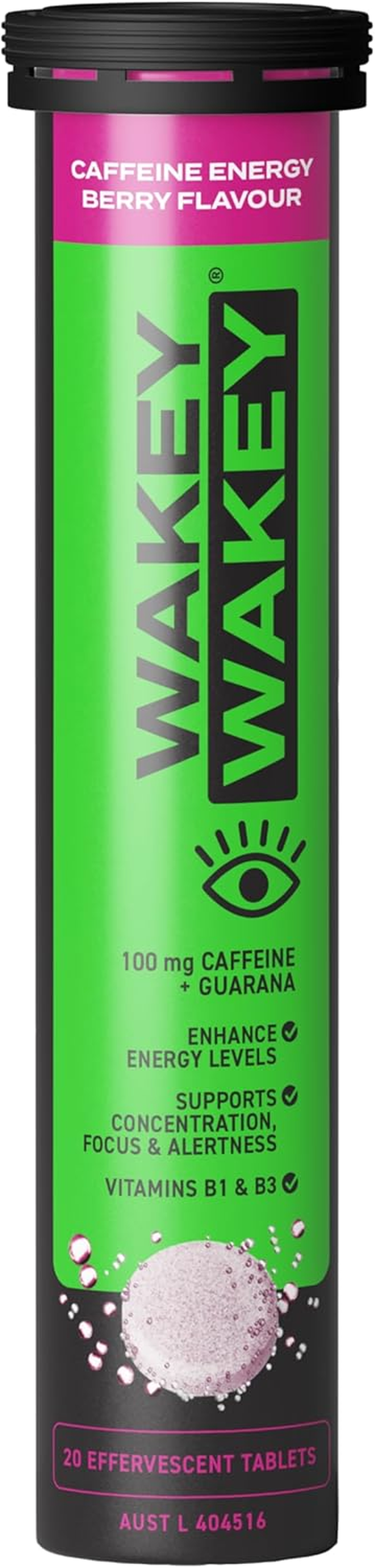 Wakey Wakey Caffeine Energy Effervescent Berry Flavour 20 Tablets - with 100Mg of Caffeine plus Guarana, Vitamins B1 & B3. Less than 1G Sugar per Serve, Less than 12 Calories. Boost Energy Levels, Increases Mental Alertness & Endurance, and Mantains Mental Focus. image number 1