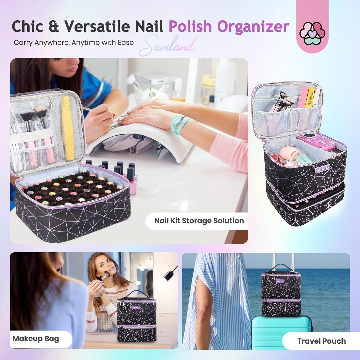 SAVILAND Nail Polish Organizer: All-In-One Nail Organizers and Storage Holds 30 Bottles Nail Polish Organizer Case Travel PU Leather Double-Layer Nail Supplies Organizer for Nail Tech Manicure Tools image number 2