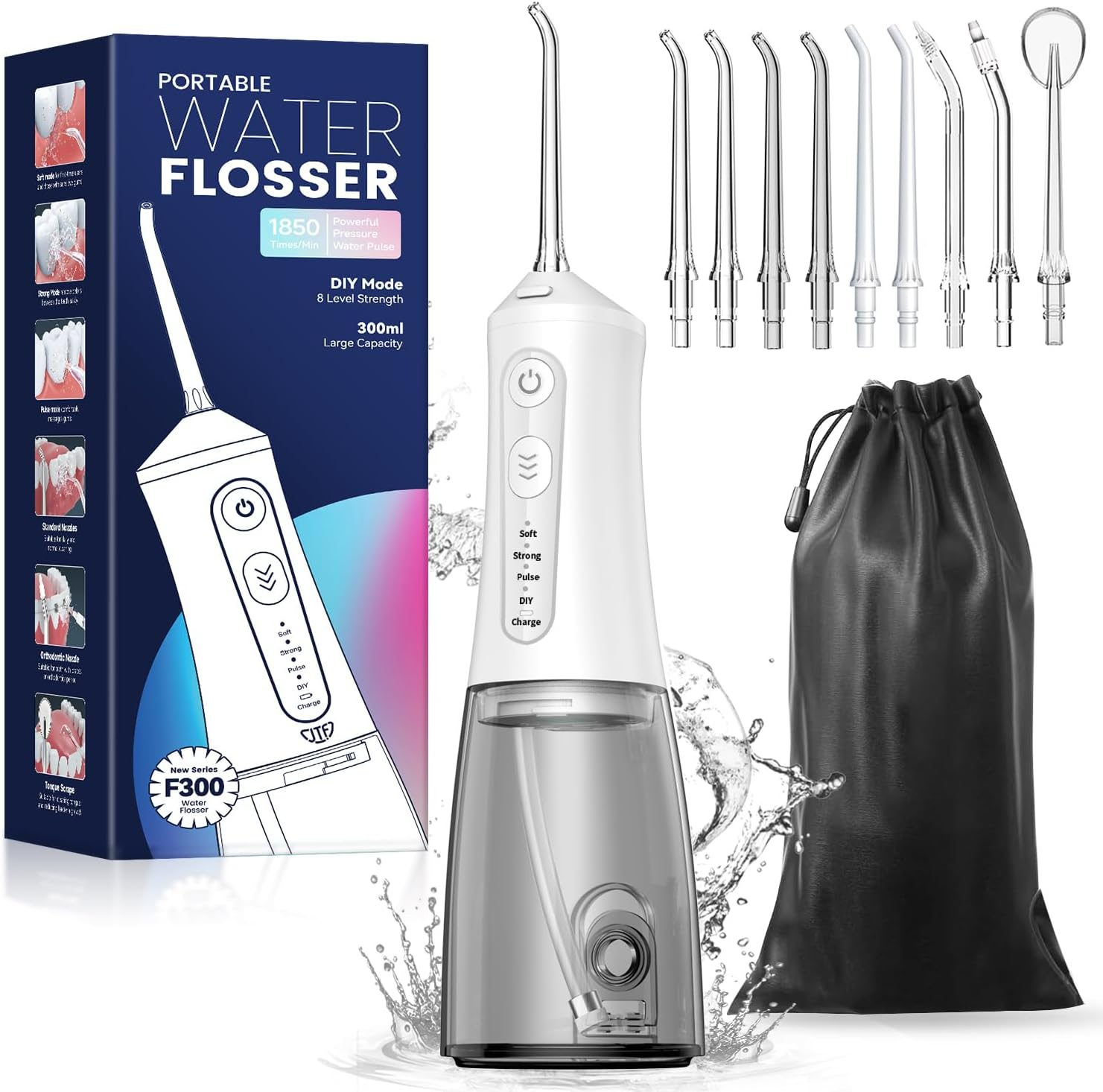JTF Water Flosser Cordless for Teeth - 4 Modes 9 Jet Tips Portable Dental Floss, 300Ml Teeth Water Jet Cleaner, USB Rechargeable Ipx7 Waterproof Oral Irrigator Tools for Home Travel(White)
