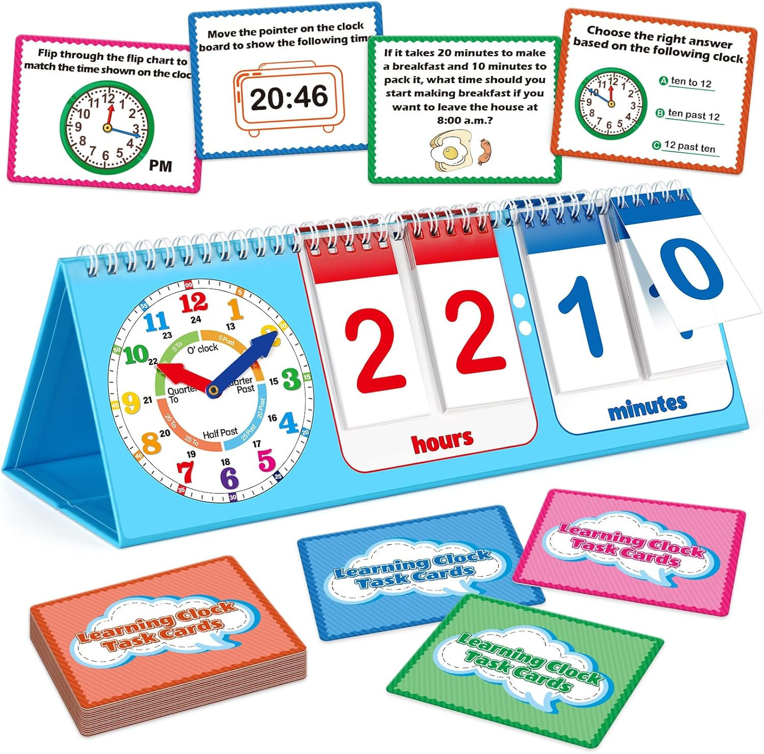 Torlam Learning Clock Flip Chart Colorful Analog & Digital Telling Time Teaching Clock for Kids, Math Manipulatives 1St 2Nd Grade Homeschool Supplies Kindergarten Preschool Learning Activities Games image number 1