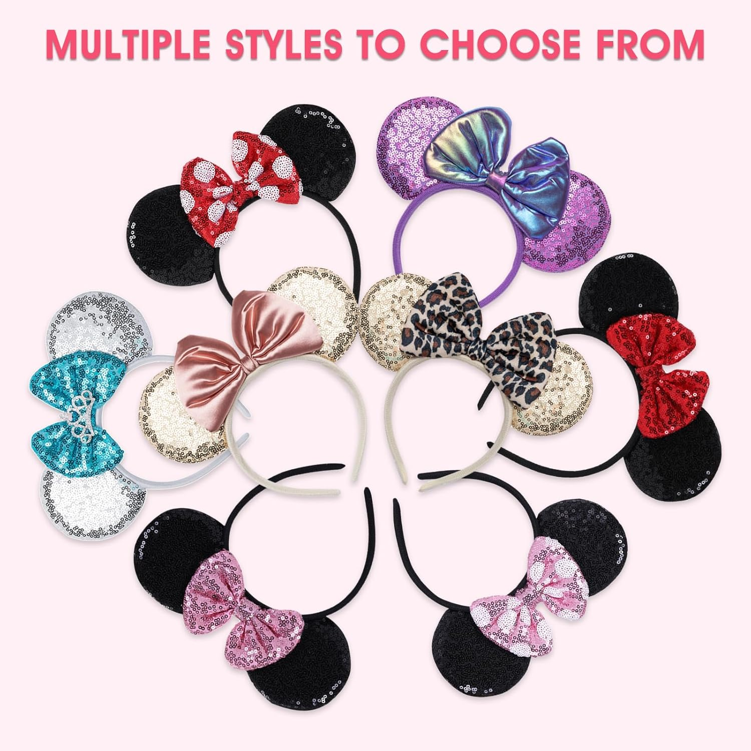 Socathey 2PCS Mouse Ears Headband for Women & Girls, Shiny Sequin Bow Mouse Headbands for Birthday Party & Theme Paradise (Red & Dot Red) - Red-02 image number 5