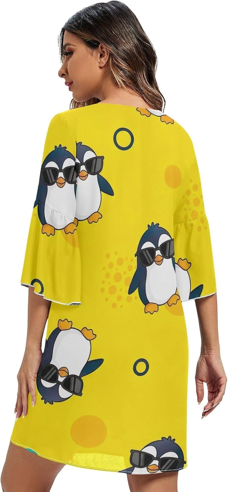Cartoon Penguins Yellow V Line Dress 3/4 Sleeve Maternity Dress Party S-XXL image number 2