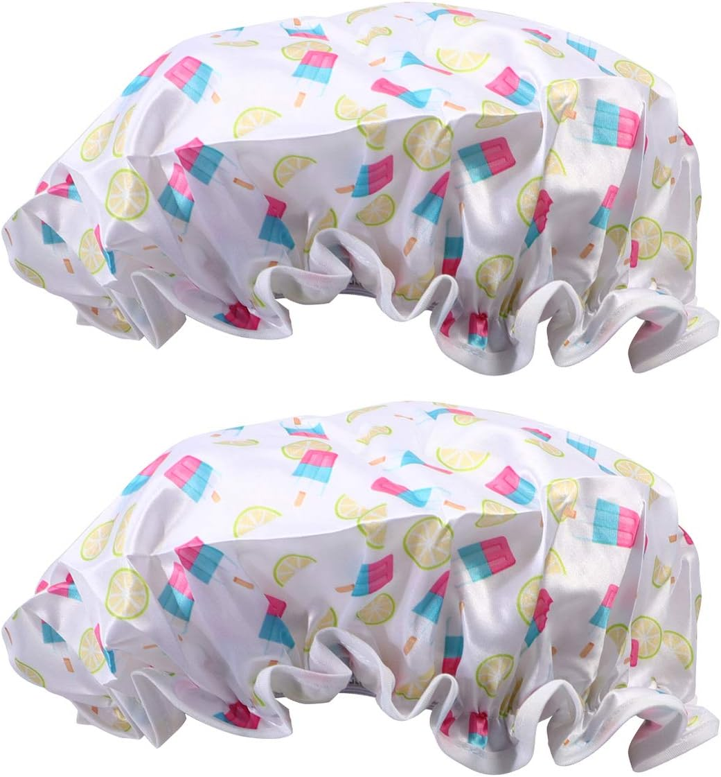 2Pcs Protective Cap Bathroom Accessories Hair Hair Cap Bathing Hat Shower Cap Double Layer Shower Cap Miss Waterproof Cap Waterproof Caps Printing Baking Oil image number 6