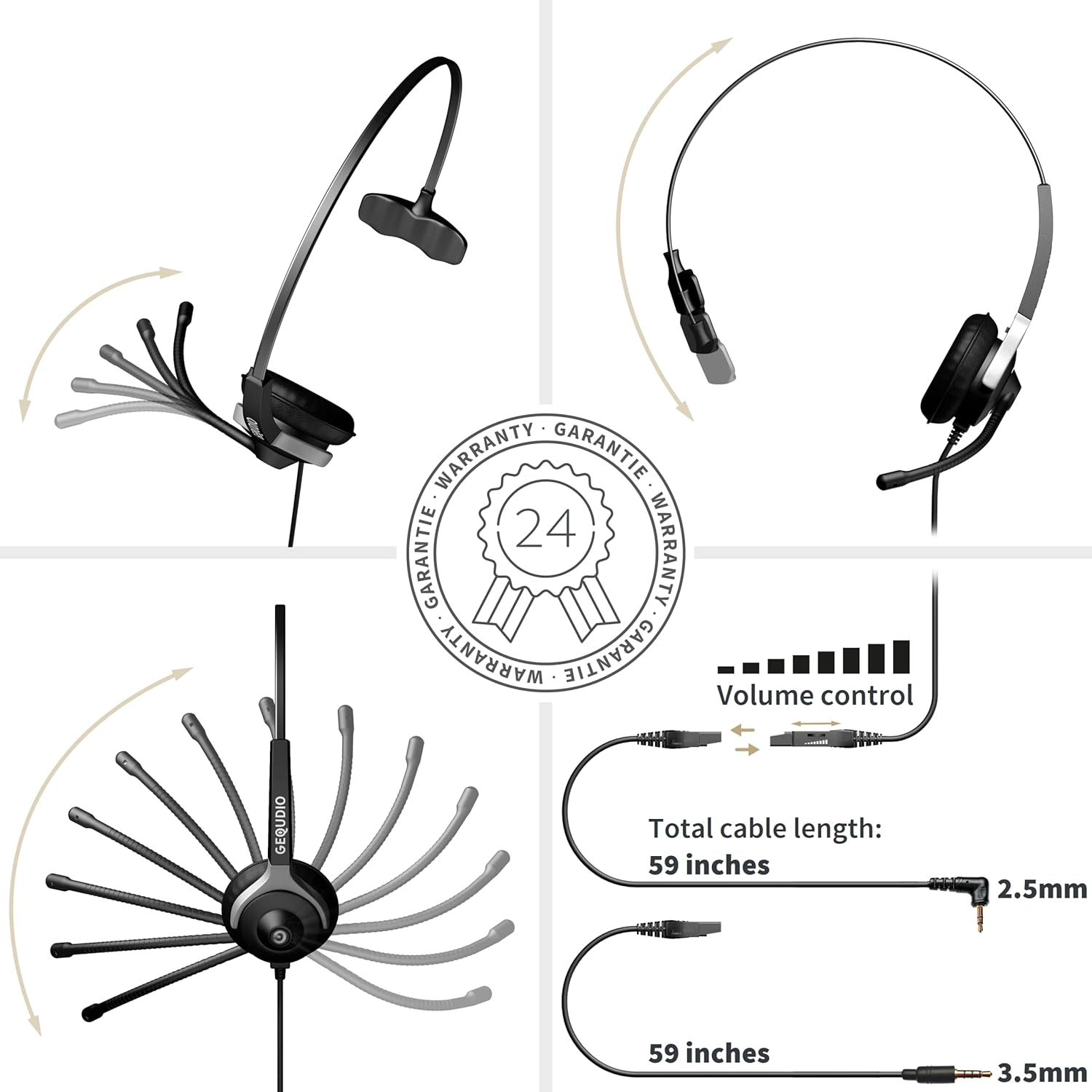 GEQUDIO Headset with 2.5 Mm Jack Compatible with Gigaset, Panasonic DECT Cordless Phone - Headphones & Microphone with Replacement Padding - Especially Light 60 G (1-Ear) image number 3