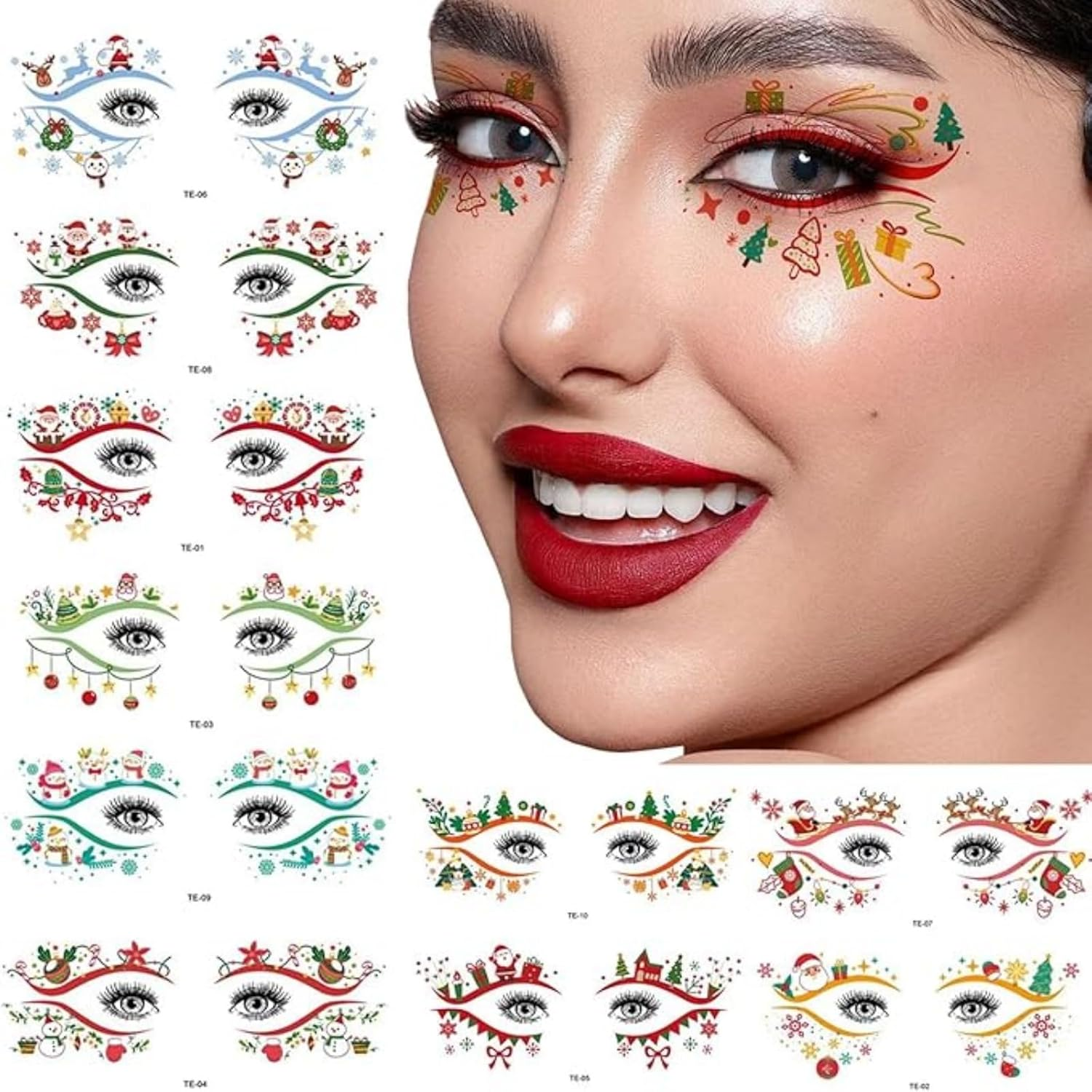 Itadaku 10 PCS Christmas Colored Eyeliner Tattoo Stickers, Temporary Eye Tattoos with Santa, Elk, Snowman & Tree Designs, Festive Makeup for Women, Ideal for Holiday Costume Parties & Decorations image number 2