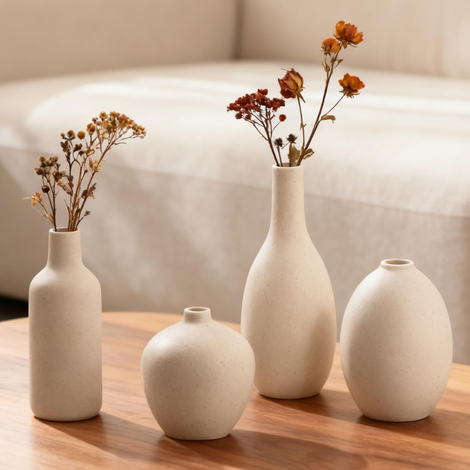 VASETOPIA Beige Vase Set of 4, Elegant Ceramic Flower Vase Minimalist Boho Home Decorations for Living Room, Table, Gifts (09 Beige) image number 3