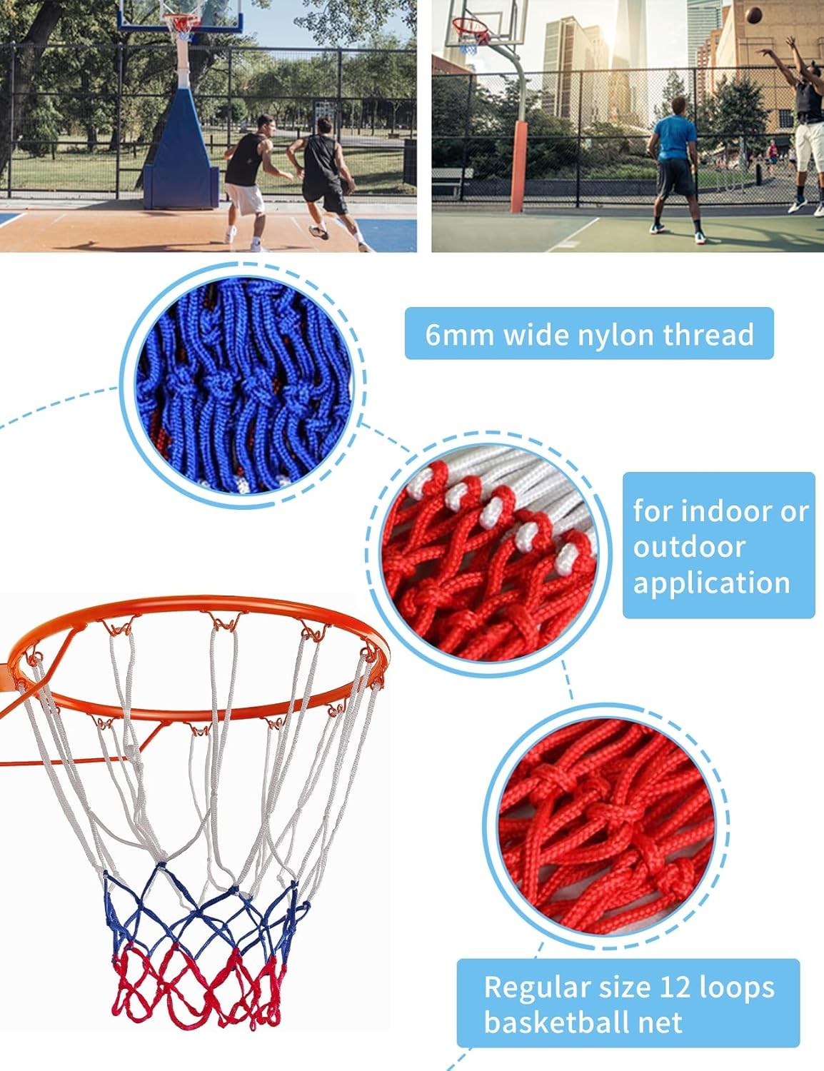 2 PCS Professional Polyester Braided Multicolor Basketball Net Replacement - Standard Size for Indoor and Outdoor, Heavy Duty 12 Ring Mesh image number 3