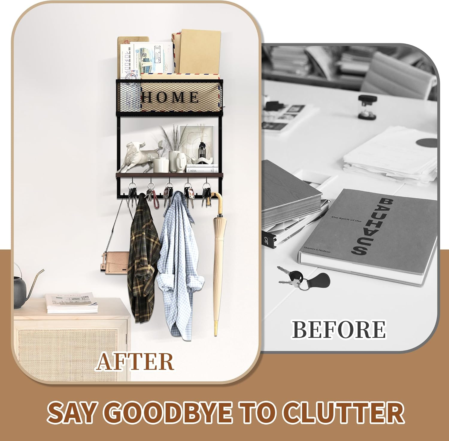 Mail and Key Holder Wall Mount - Entryway Organizer with Metal Hanger, Wooden Shelf, 11 Hooks - 4 in 1 Rack for Home Decor (Black) image number 2