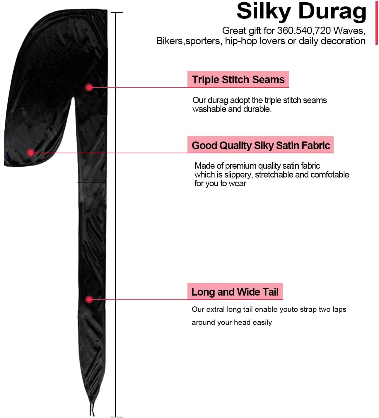 6 Pcs Silky Durag Headwraps Dorag for Men Women Waves, Durags Pack with Long Tail and Wide Straps, 6 Colors image number 4