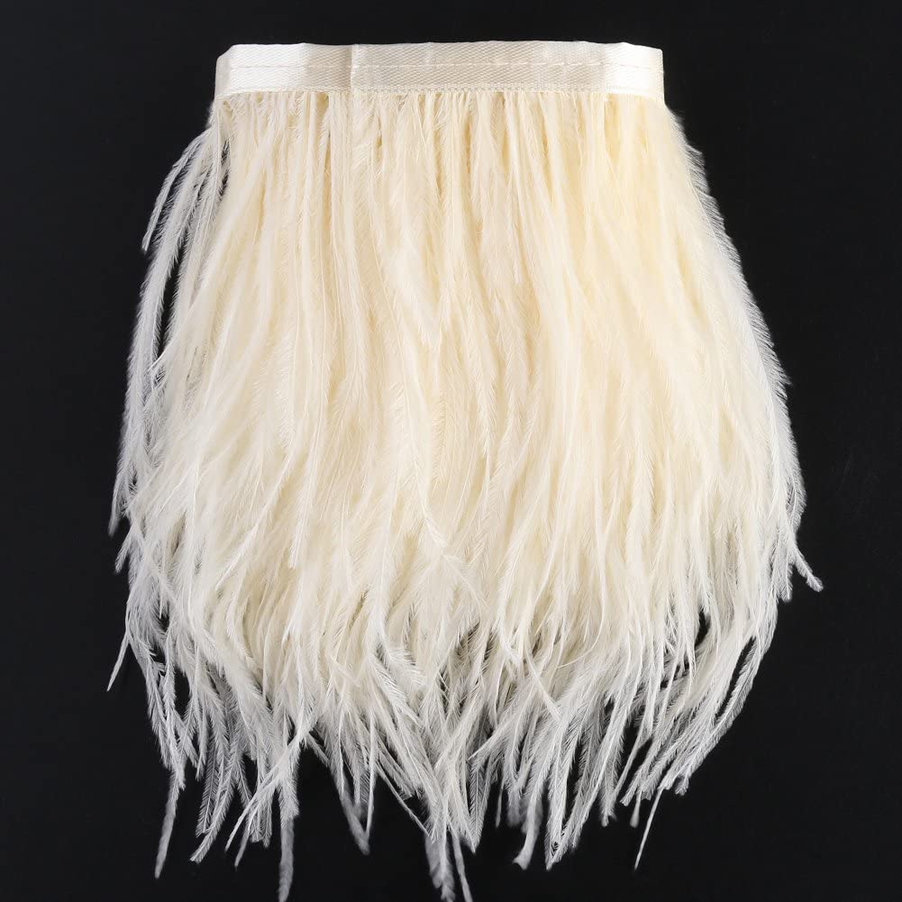 Ostrich Feathers Trims Fringe with Satin Ribbon Tape - for Dress Sewing Crafts Costumes Decoration Pack of 2 Yards (White)