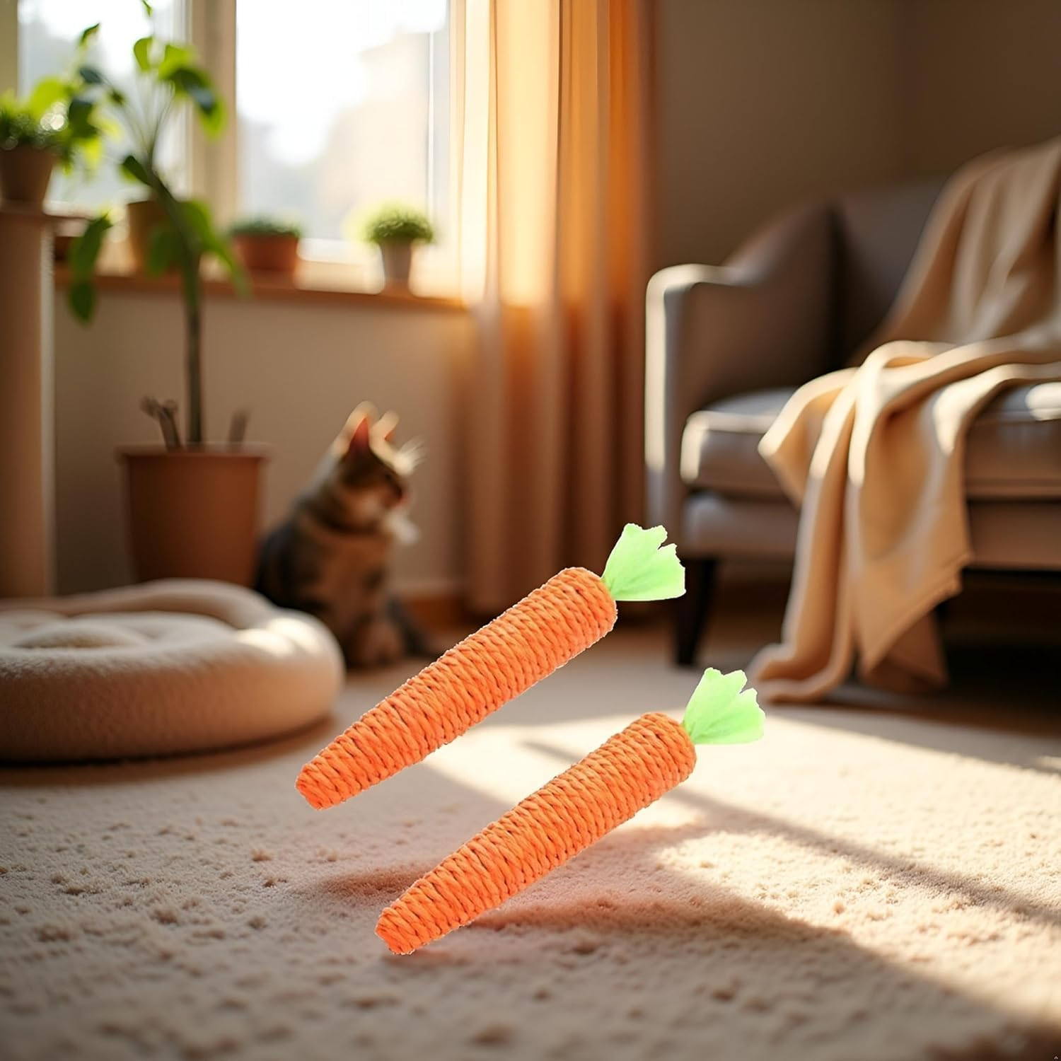 Interactive Sisal Carrot Chew Toy for Cats, Teething Toys for Kittens, Interactive Indoor Toy, Orange, 2 Pieces image number 2