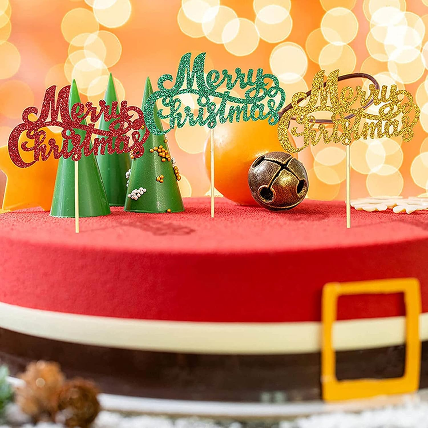 24Pcs Merry Christmas Cupcake Toppers Green Red Gold Glitter Christmas Cupcake Picks Merry Christmas Theme Happy New Year Party Cake Decorations Supplies image number 4