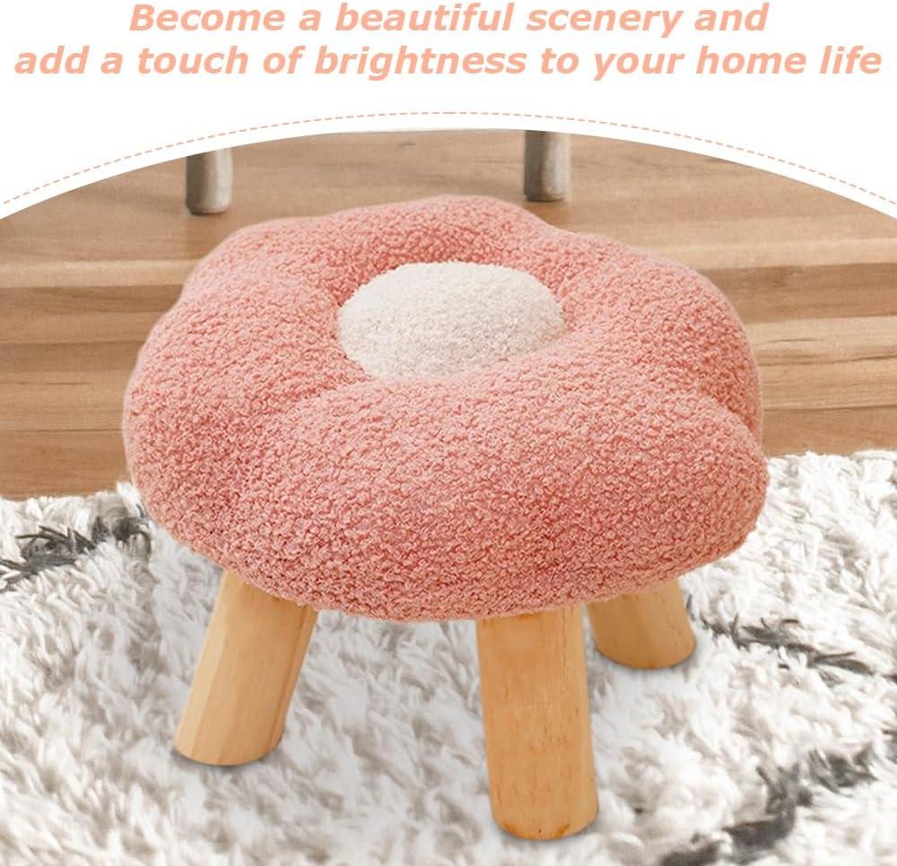 Flower-Shaped Small Ottoman Footstool, Multipurpose Wooden Leg Pouf for Bedroom, Living Room, Entryway, Playroom, under Desk, Pink image number 4