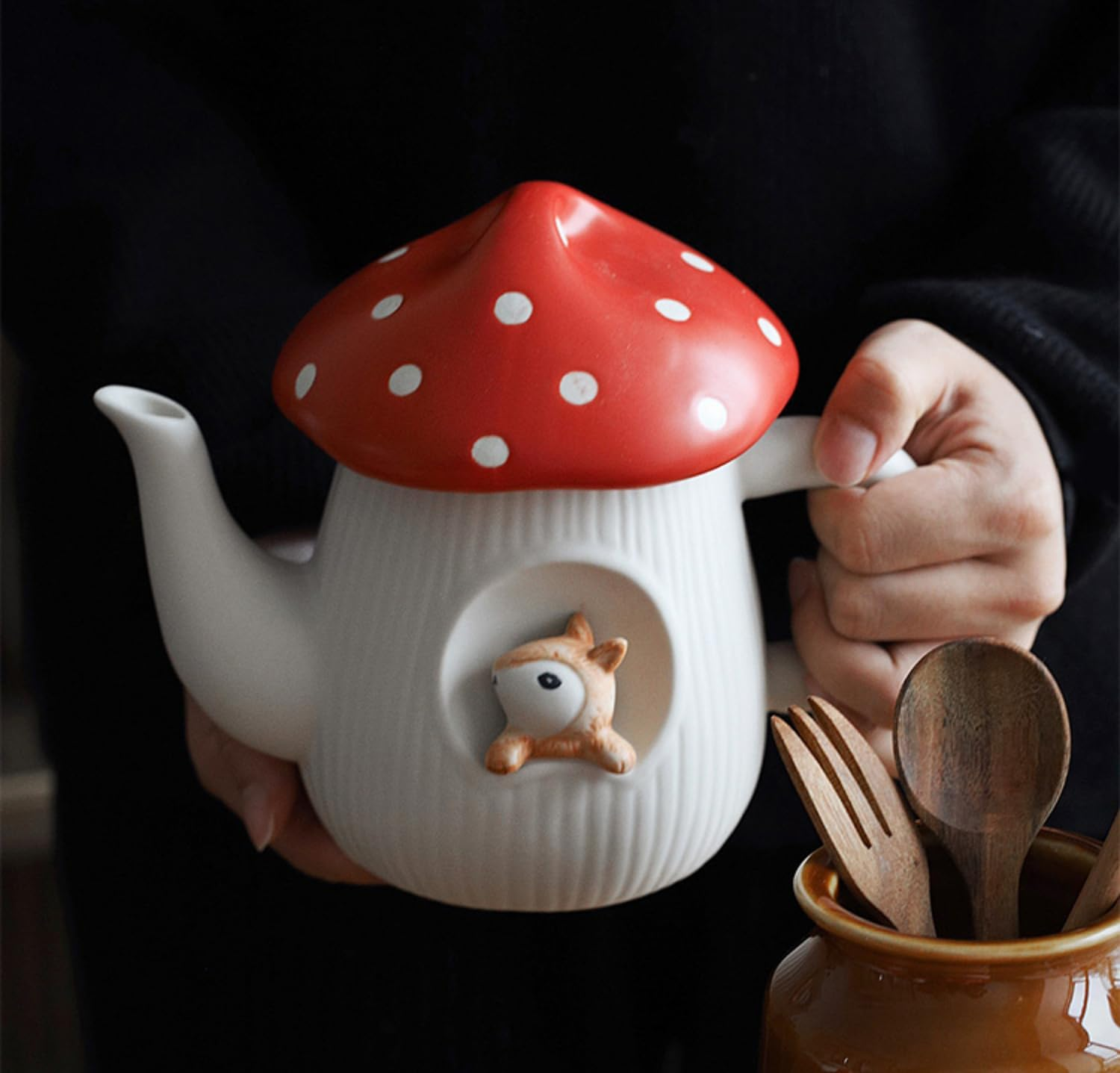RESVUGA Cute Mushroom Teapot, Handmade Glaze Polka Dot Lid, Safety Matt Ceramic Tea Pot, with Squirrel Decoration. 23 Oz / 680 Ml. Best Gifts for Women & Girls. image number 1