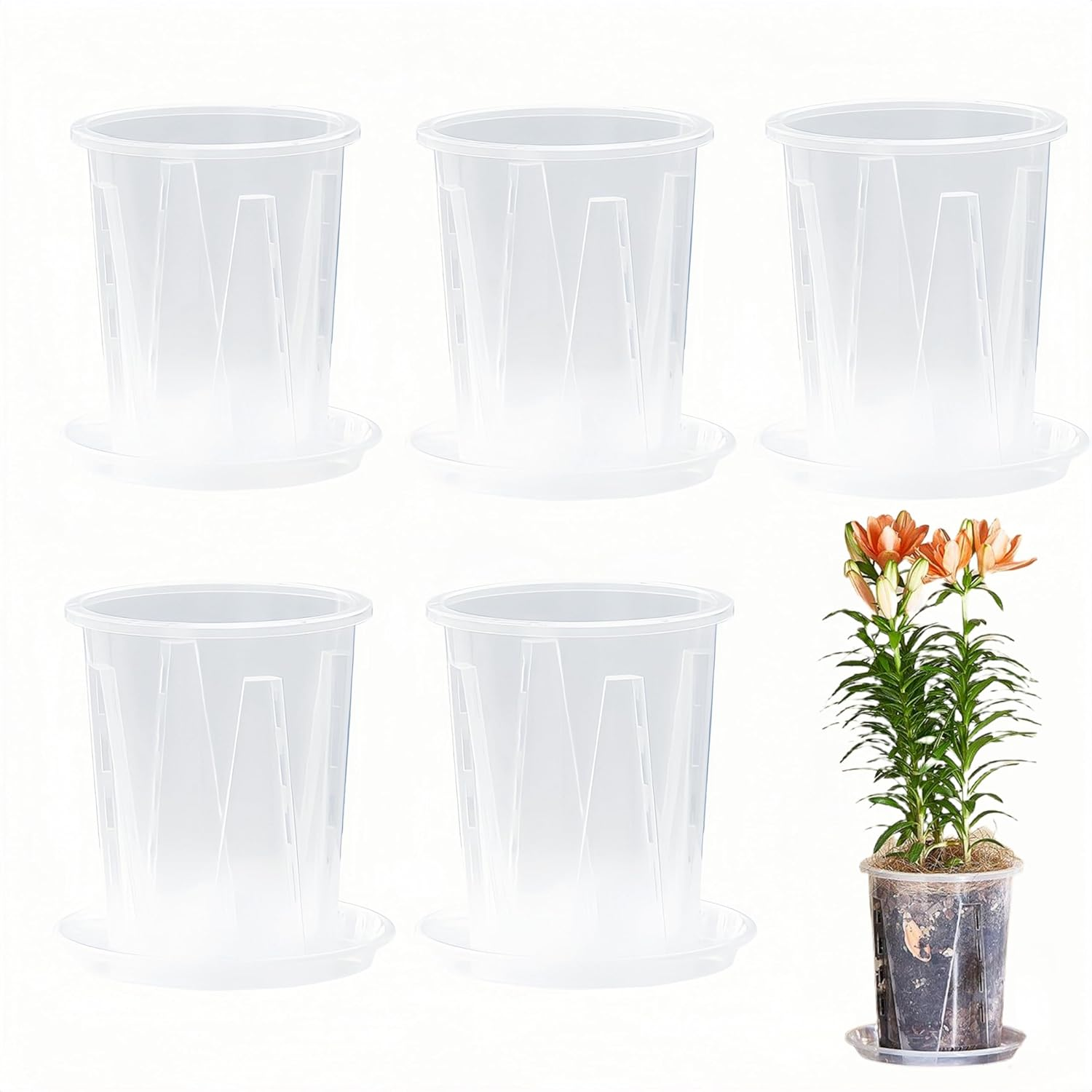 5 Pcs Clear Plastic Orchid Pots with Holes and Saucers for Plants,14 X 16.5 Cm Transparent Pot Breathable Slotted Orchids Planter Hard Flower Pots Nursery Pots, Houseplant image number 1