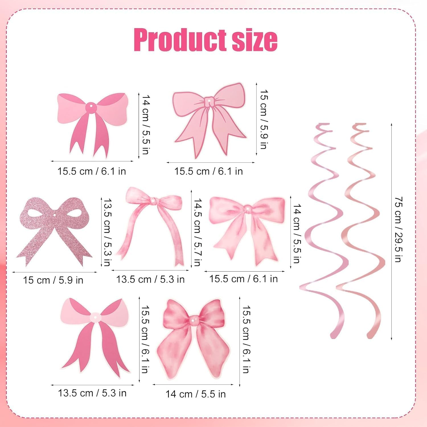 Pink Bow Party Decorations Garland Banner Hanging Swirls Set, 14 Piece Pink Bow Birthday Banner Party Hanging Swirls Set image number 3