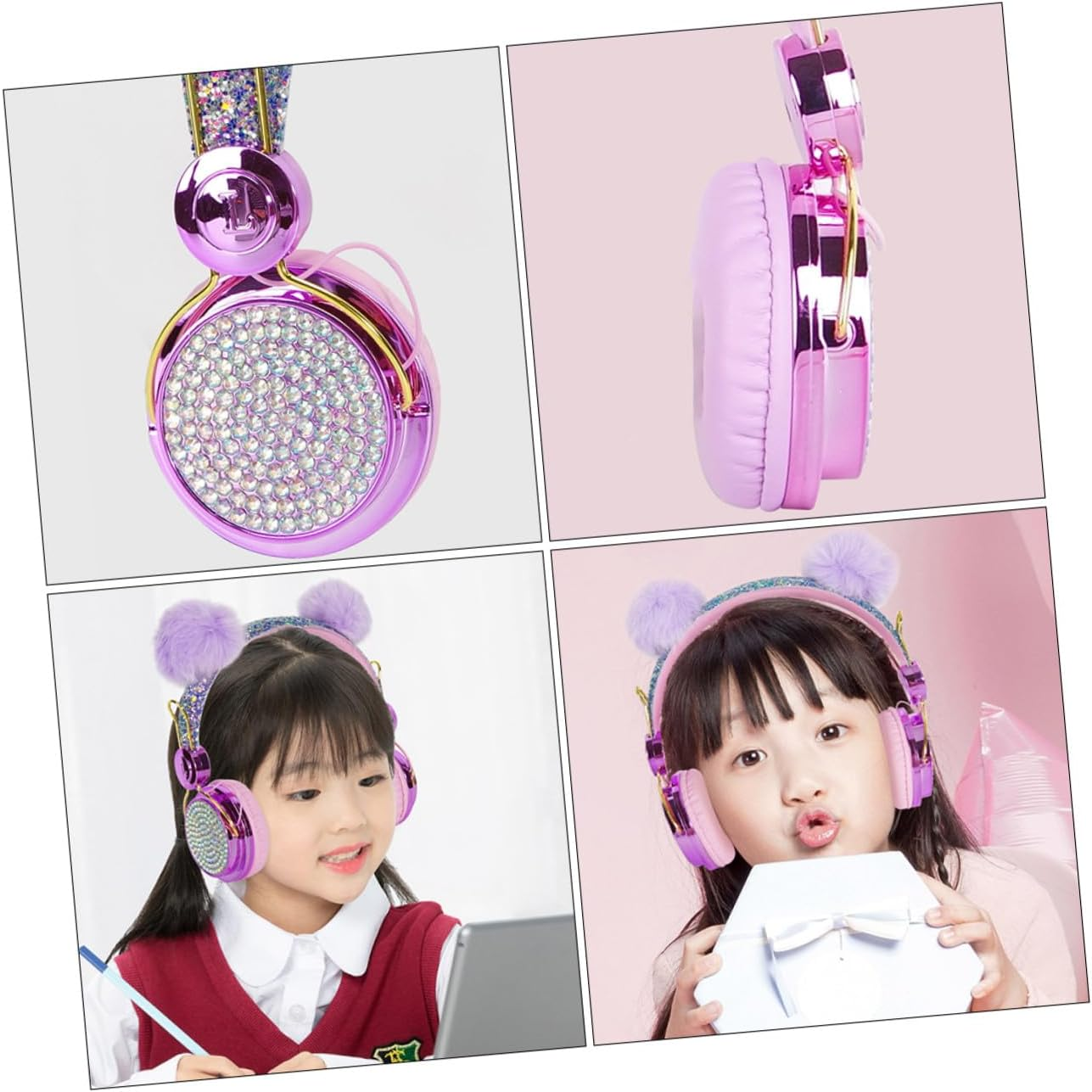 Kisangel Adjustable over Ear Headphones with Glitter Rhinestones and Fuzzy Ball Decor for Boys and Wired Headset Compatible with Laptop Tablet Smartphone Material for Travel Random Color image number 4