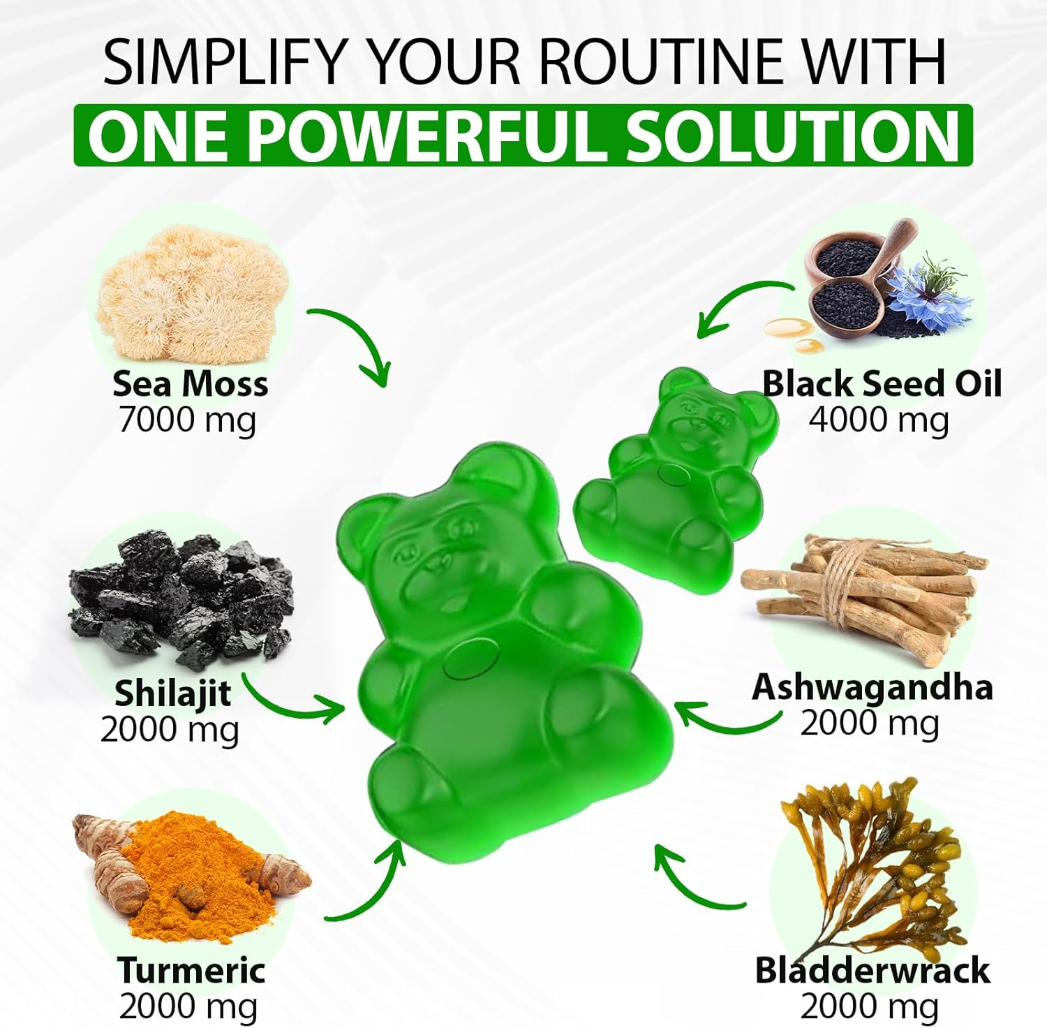 Sea Moss, Black Seed Oil, Ashwagandha, Ginger, Shilajit Gummies with Elderberry, Chlorophyll, Turmeric, Bladderwrack 17590Mg Advanced Strength Formula - All in 1 Formula - 60 Gummies image number 1