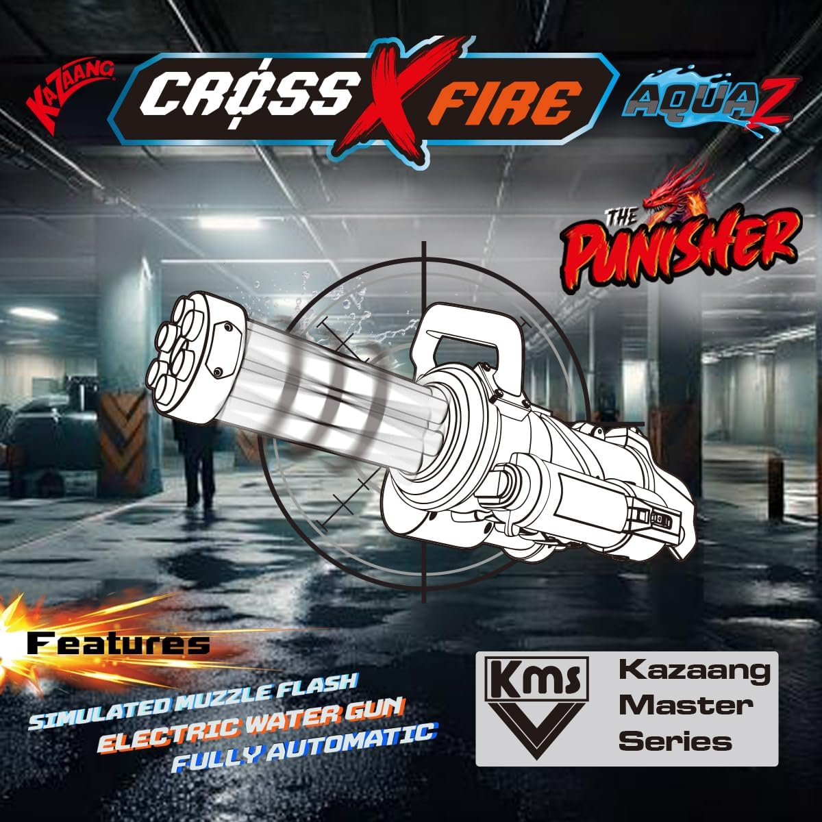 Kazaang Crossxfire Aquaz Punisher - Electric Water Gun with 9M Firing Range - Fully Automatic Gatling Gun with Simulated Muzzle Flash Effect - External Backpack Water Tank - Suitable for 8+ image number 6