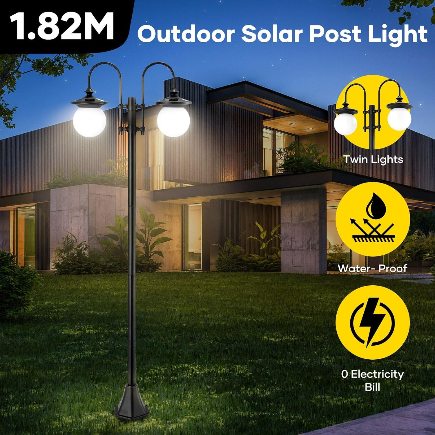 182Cm Solar Outdoor Post Light, IP44 Waterproof Heavy-Duty Aluminum Pole Lights with 2Pcs Globe Shade for Street Garden Pathway Security Pole Lamp Yard Driveway Patio image number 2