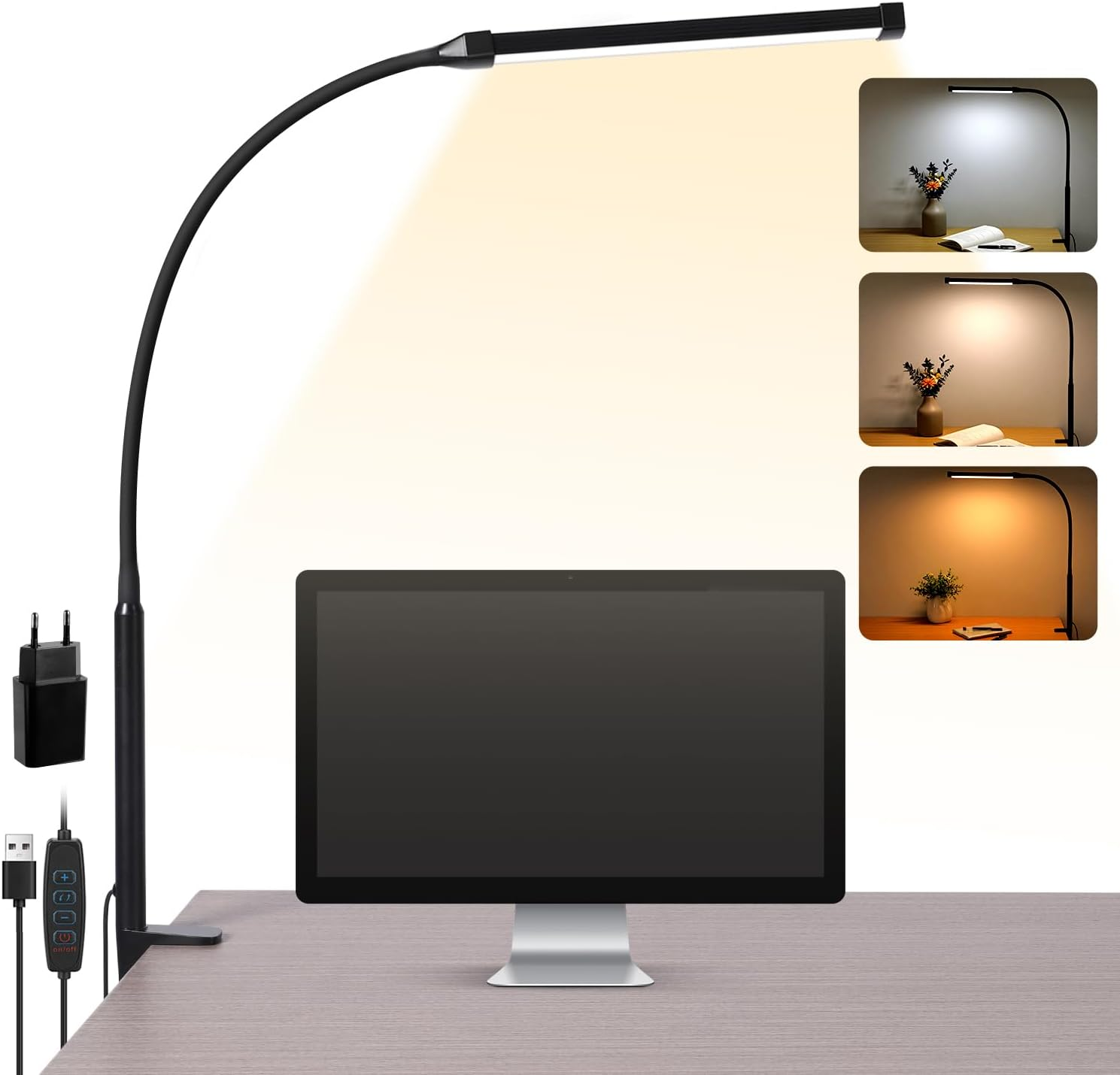 LIBORA LED Desk Lamp Clamp - 3 Color Modes and 10 Brightness Levels, Daylight, Eye Protection, Flexible Gooseneck Reading Lamp - 360&deg; Adjustable - White
