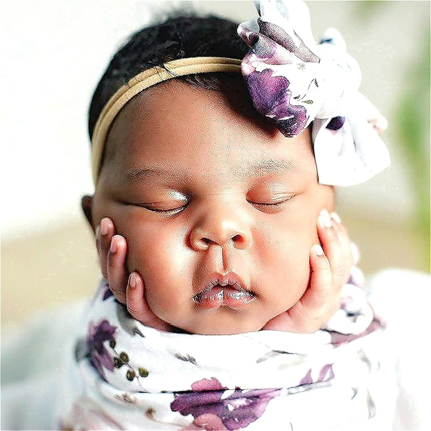 35X35Inch Infant Floral Swaddle Wrap with Headbands Set Newborn Receiving Blanket Photography Props (Purple) image number 3