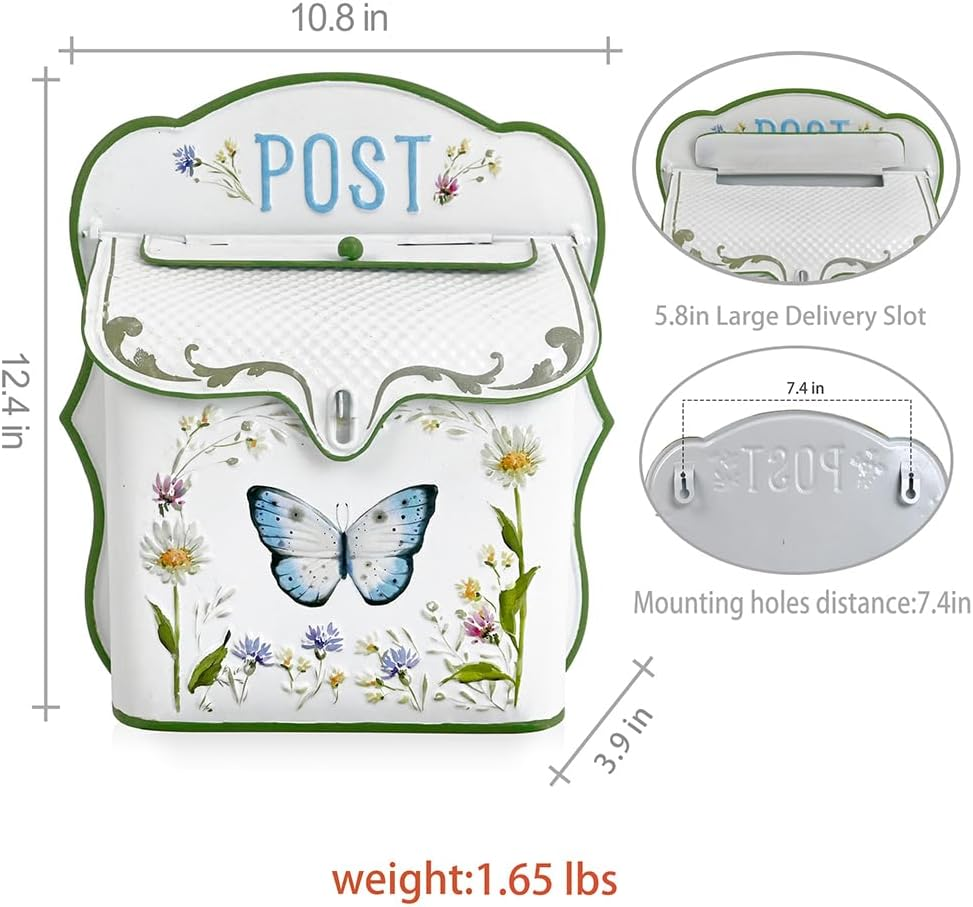 Z&sup2; Belladecor Mailbox Wall Mount Mailboxes for outside Vintage Mail Boxes for House outside Metal Drop Box Antique Style Nostalgic Charm Home Decorative, Butterfly Pattern, White - White B image number 6