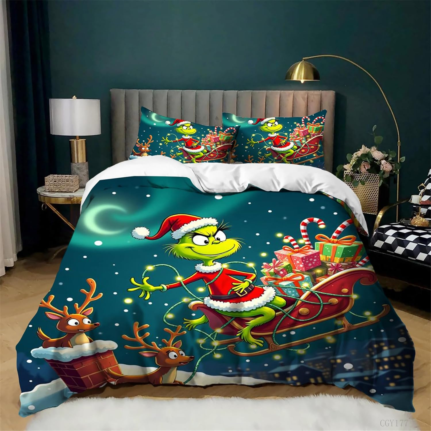 The Grinch Duvet Cover Bedding Set 3 Pieces Soft Breathable Comforter Set Lightweight All Season 1 Duvet Cover with 2 Pillow Shams