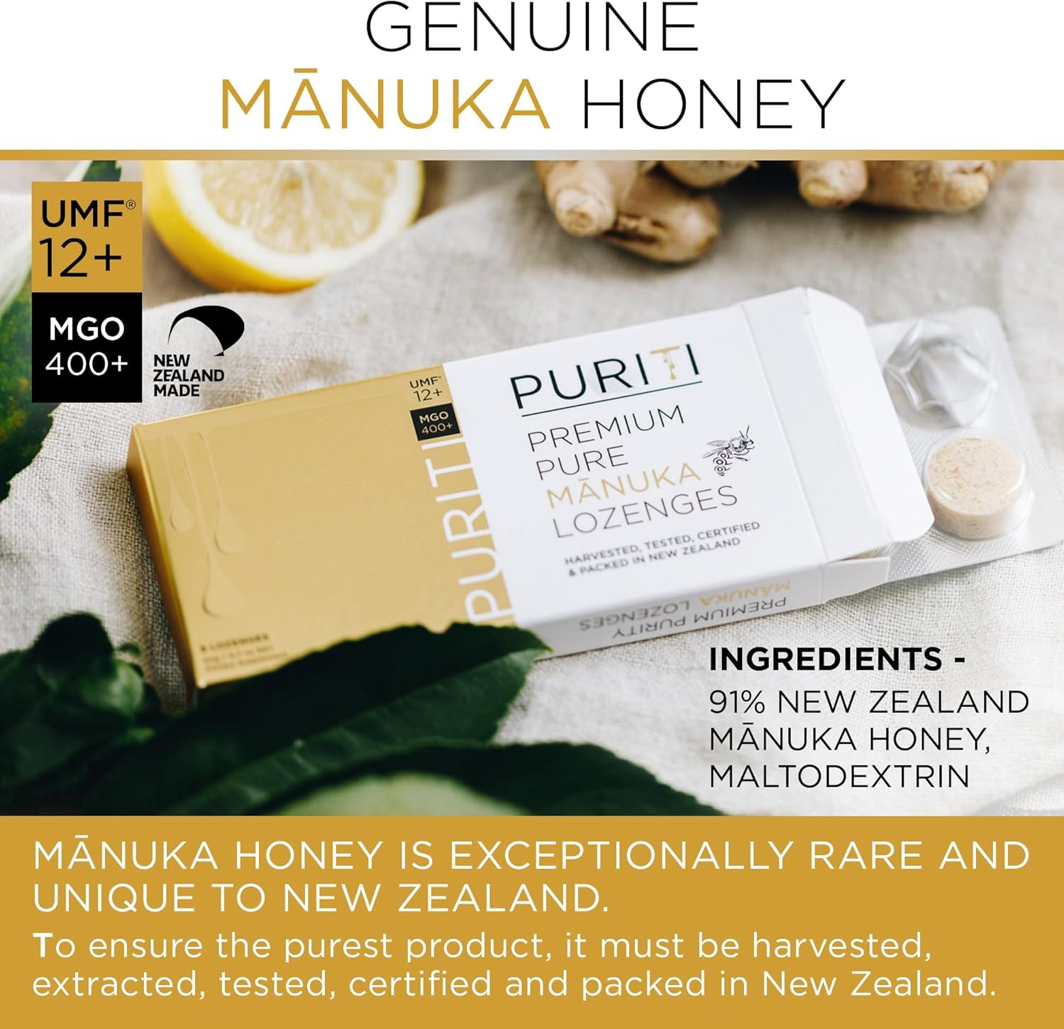 PURITI Manuka Honey Lozenges - Premium Throat Soothers for Coughs & Sore Throats - Genuine New Zealand Raw Manuka Honey Flavor - Certified UMF12+ MGO 400+ (16 Pack) image number 2