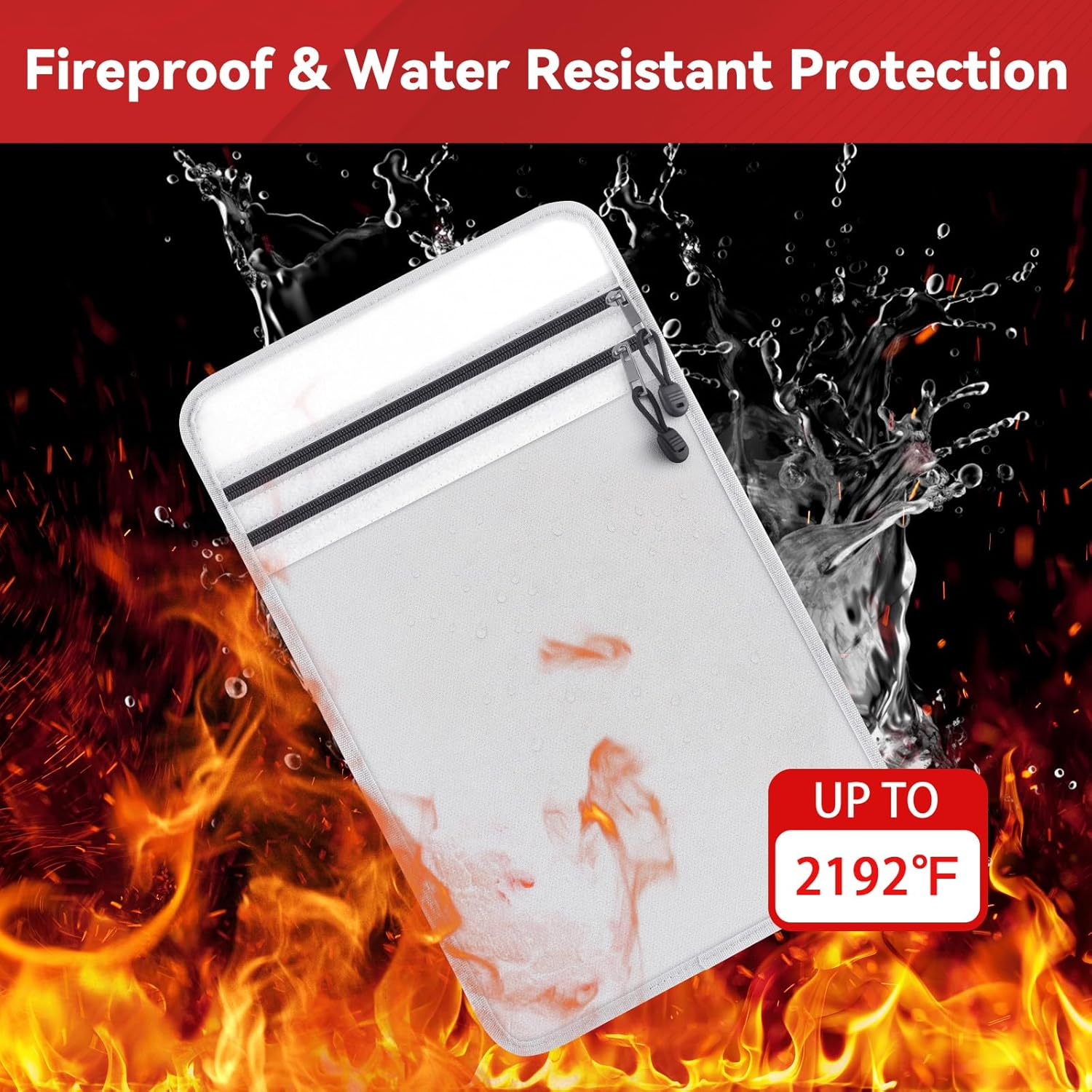 Upgraded Two Pockets Fireproof Document Bag - Kanhiro Water and Fire Proof Bag for Documents, 2192℉ Fireproof Money Bag with Zipper, Important Document Organizer for Passport, Cash, Legal File Safe image number 2