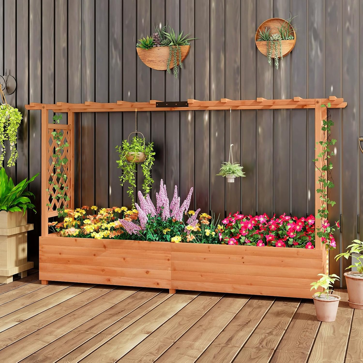 Giantex Raised Garden Bed with 2-Sided Trellis & Hanging Roof, Fir Wood Planter Box W/Drainage Holes, Bottom Gaps, Freestanding Garden Planter for Flowers Herbs Climbing Vines (79" X 17.5" X 45") image number 4