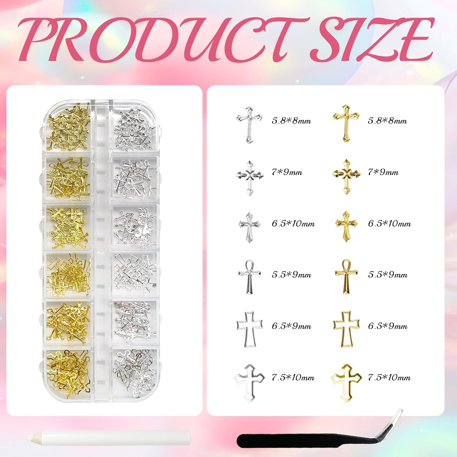 PEKLLOCY 1 Box 3D Gold & Silver Cross Nail Charms, Trendy Metal Cross Accessories for Elegant Manicure, DIY Nail Decorations, Retro Punk Style image number 1