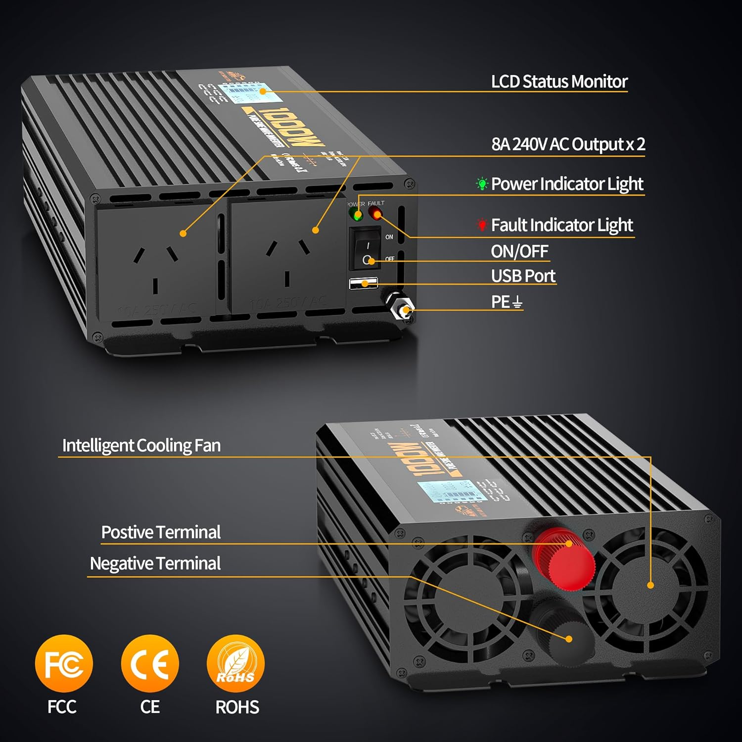 1000W Pure Sine Wave Power Inverter 12V DC to 230V/240V AC Car Converter Power Inverter with LCD Display 2 AC Outlets And1 USB Port, for Caravan, Truck, Cabin, Camping, Boat image number 2