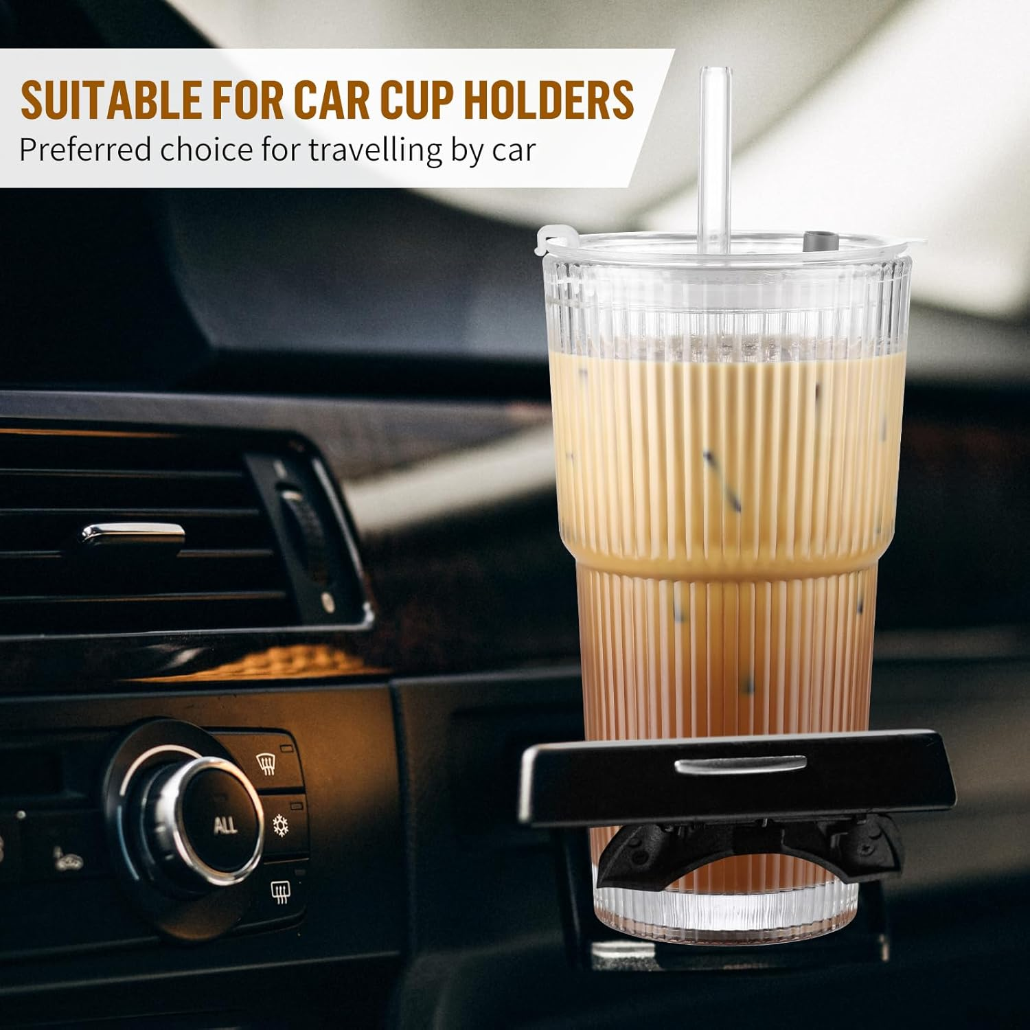 20 Oz Ribbed Glass Cup with Lid and Straw, Glass Tumbler with Straw and Lid, Vintage Glassware for Whiskey Cocktail Beer, Iced Coffee Cups with Lid (1 Pack) - 2 Glasses + 2 Straws + 2 Lids image number 6