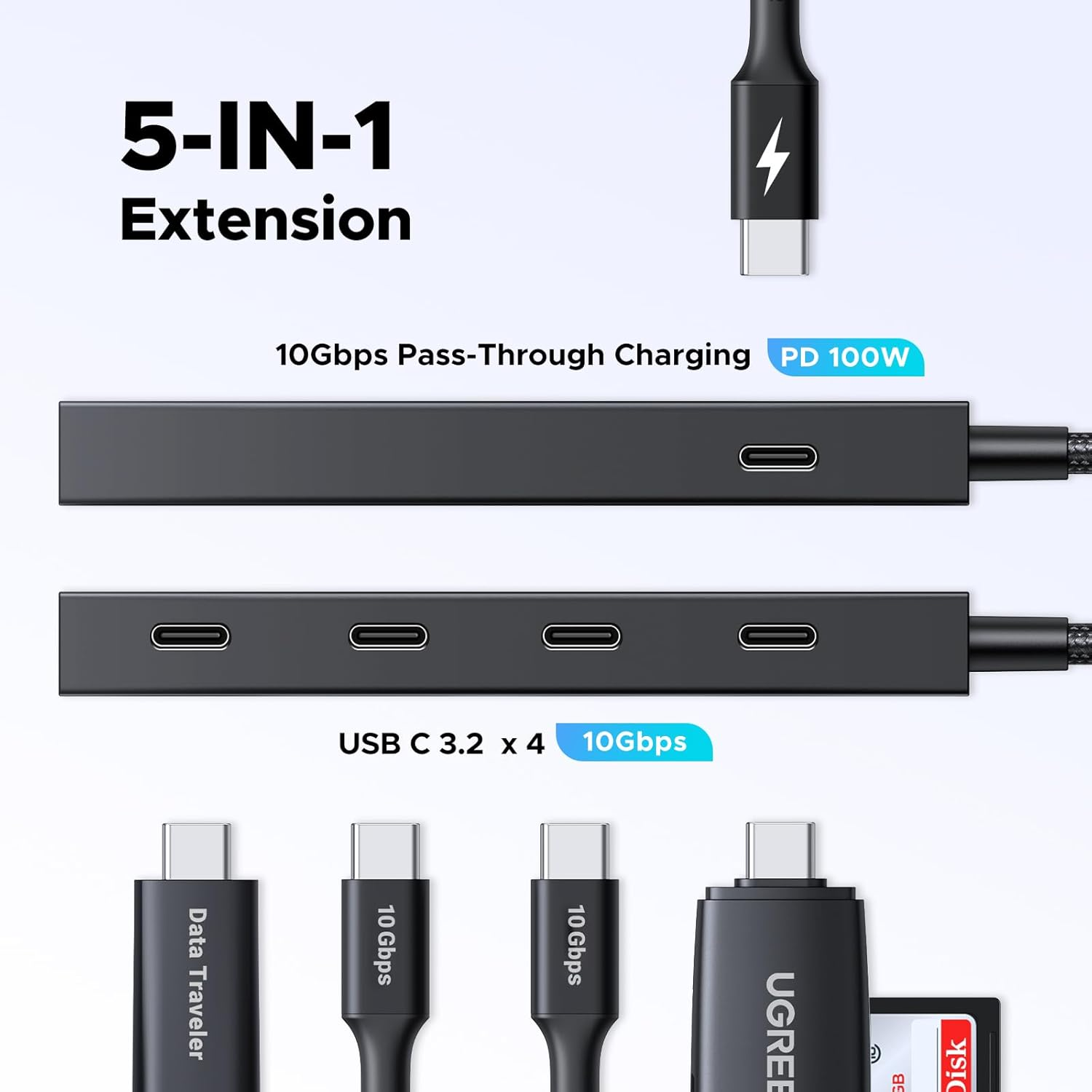 UGREEN 10Gbps USB C Hub with 100W PD, Powered Type C Splitter with 4 USB C 3.2 Gen 2 Ports, Multiport Adapter Extender Compatible with PC, Laptop, Macbook Air, Ipad Pro, and Iphone 16, Plug and Play image number 5