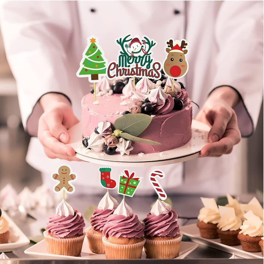 Christmas Cake Toppers - Merry Christmas Tree, Snowman, Santa, Snowflake, Cupcake Toppers & Food Inserts - 15 Pcs image number 2
