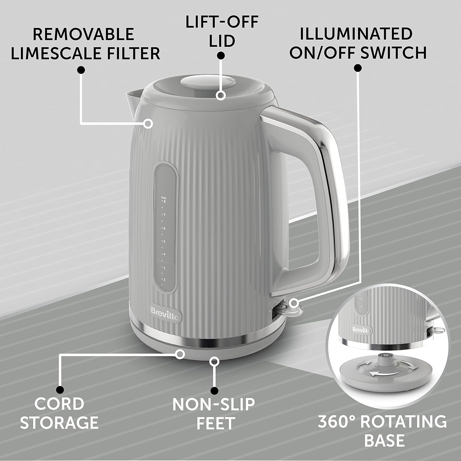 Breville Bold Ice Grey Electric Kettle | 1.7L | 3Kw Fast Boil | Grey & Silver Chrome [VKT222] - Cream image number 3