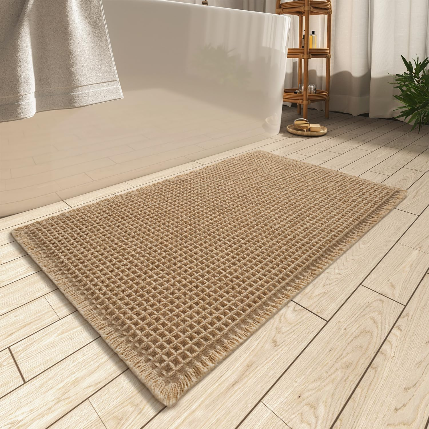 Upgraded Waffle Bath Mat 61X92 Super Absorbent Non Slip Comfortable Carpet for Tub, Shower Room, Machine Wash Dry with Tassels, Rubber Backed Bathroom Mats, Ultra Soft Brown image number 1