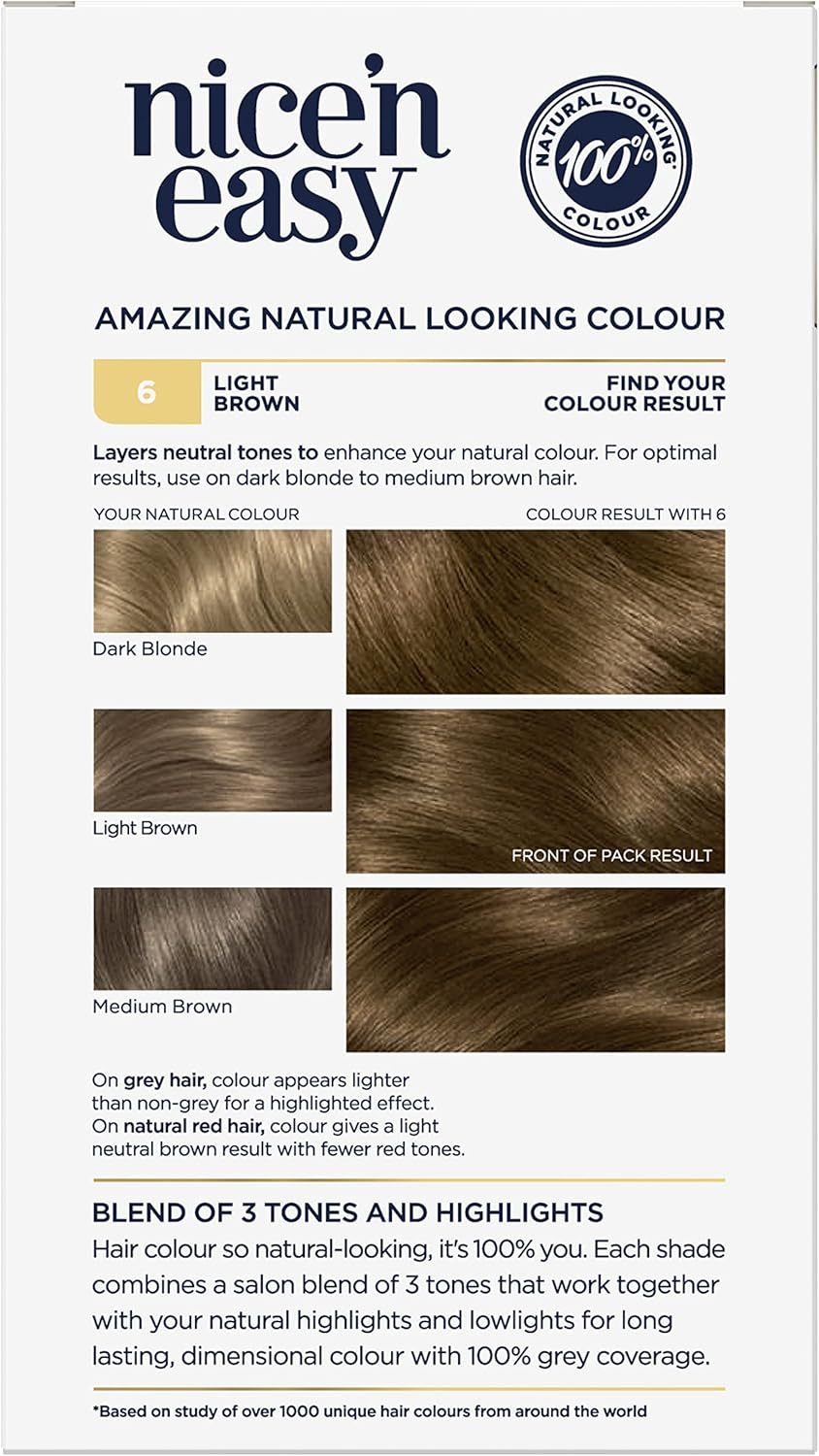 Clairol Nice 'N Easy Permanent Hair Colour 6 Natural Light Brown, 100% Grey Coverage, Natural Looking Hair Colour image number 4